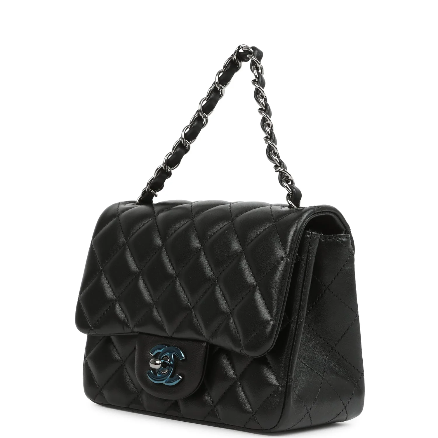 Pre-owned Chanel Mini Classic Square Flap Bag Black Lambskin Ruthenium Hardware