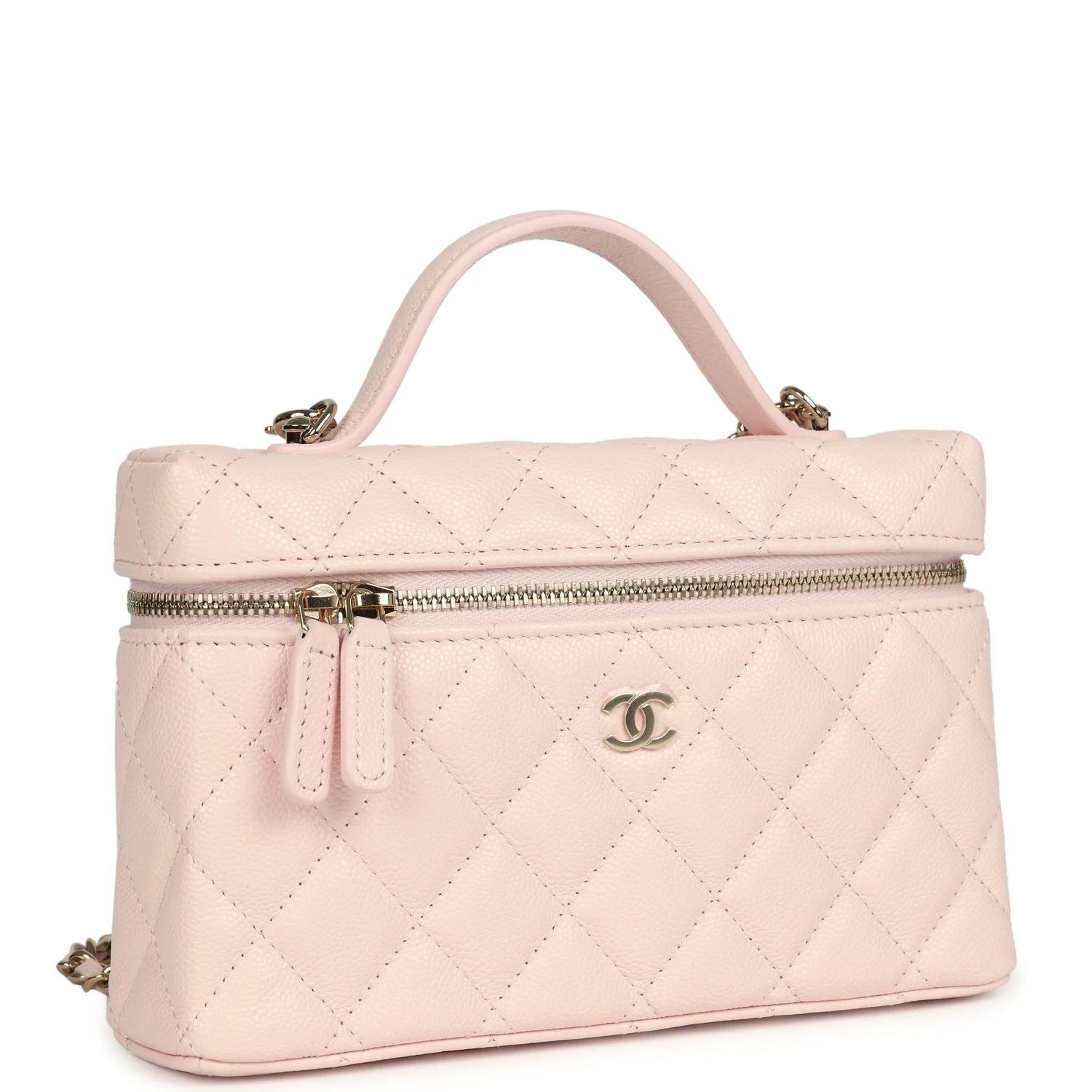 Chanel Top Handle Long Vanity Case with Chain Light Pink Shiny Caviar Light Gold Hardware