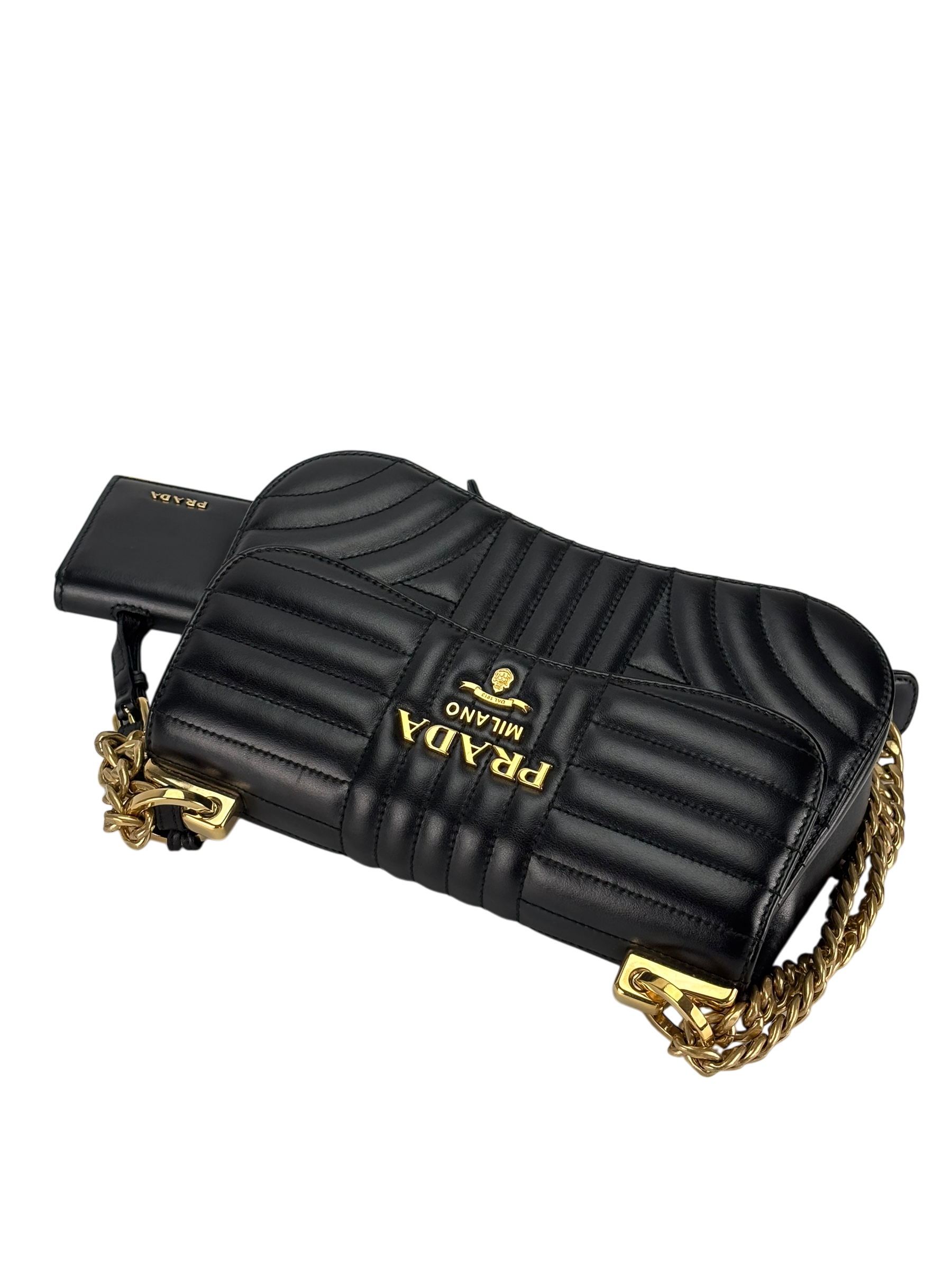 PRADA - Black Calfskin Soft Diagramme Crossbody Bag