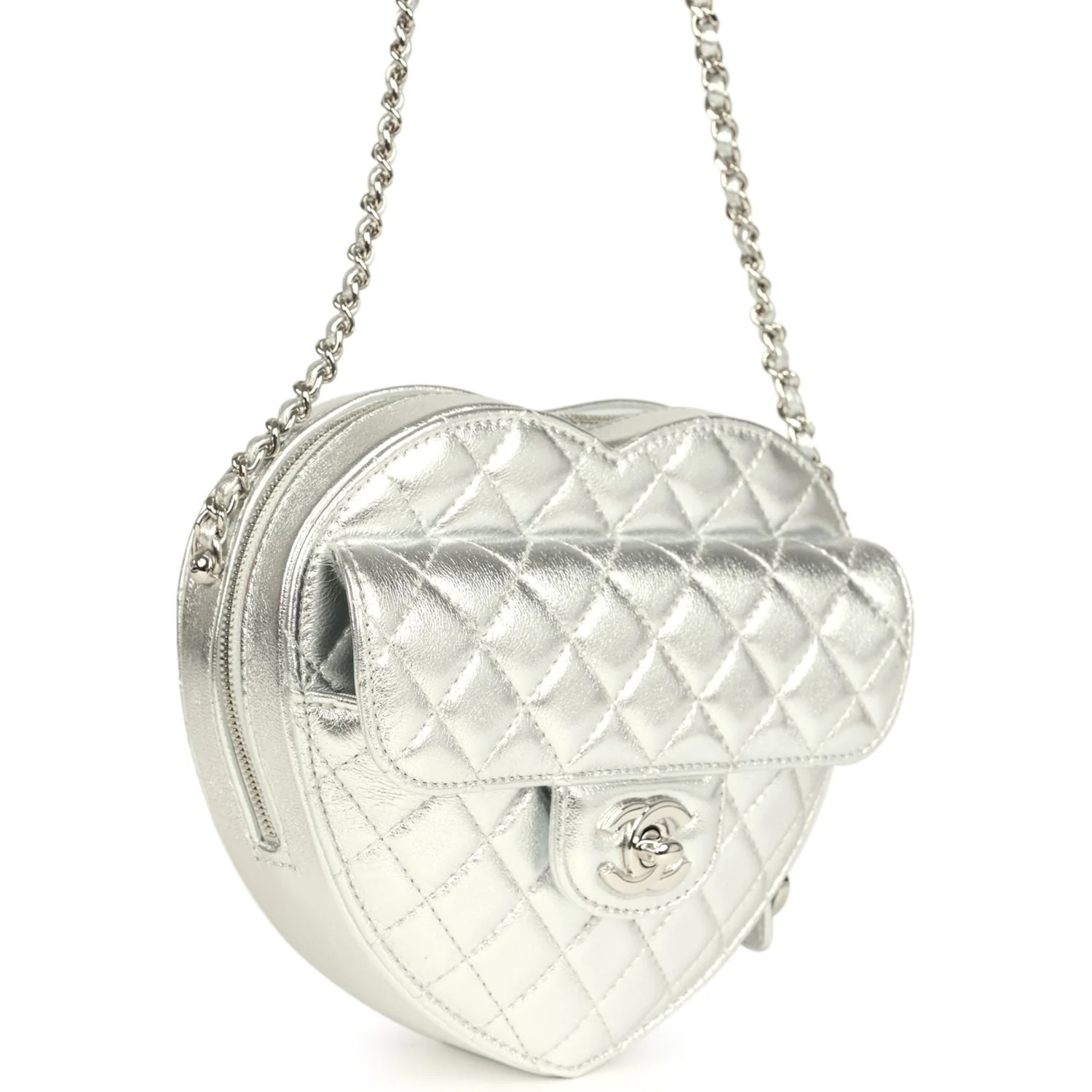 Chanel CC In Love Large Heart Bag with Chain Silver Metallic Lambskin Silver Hardware