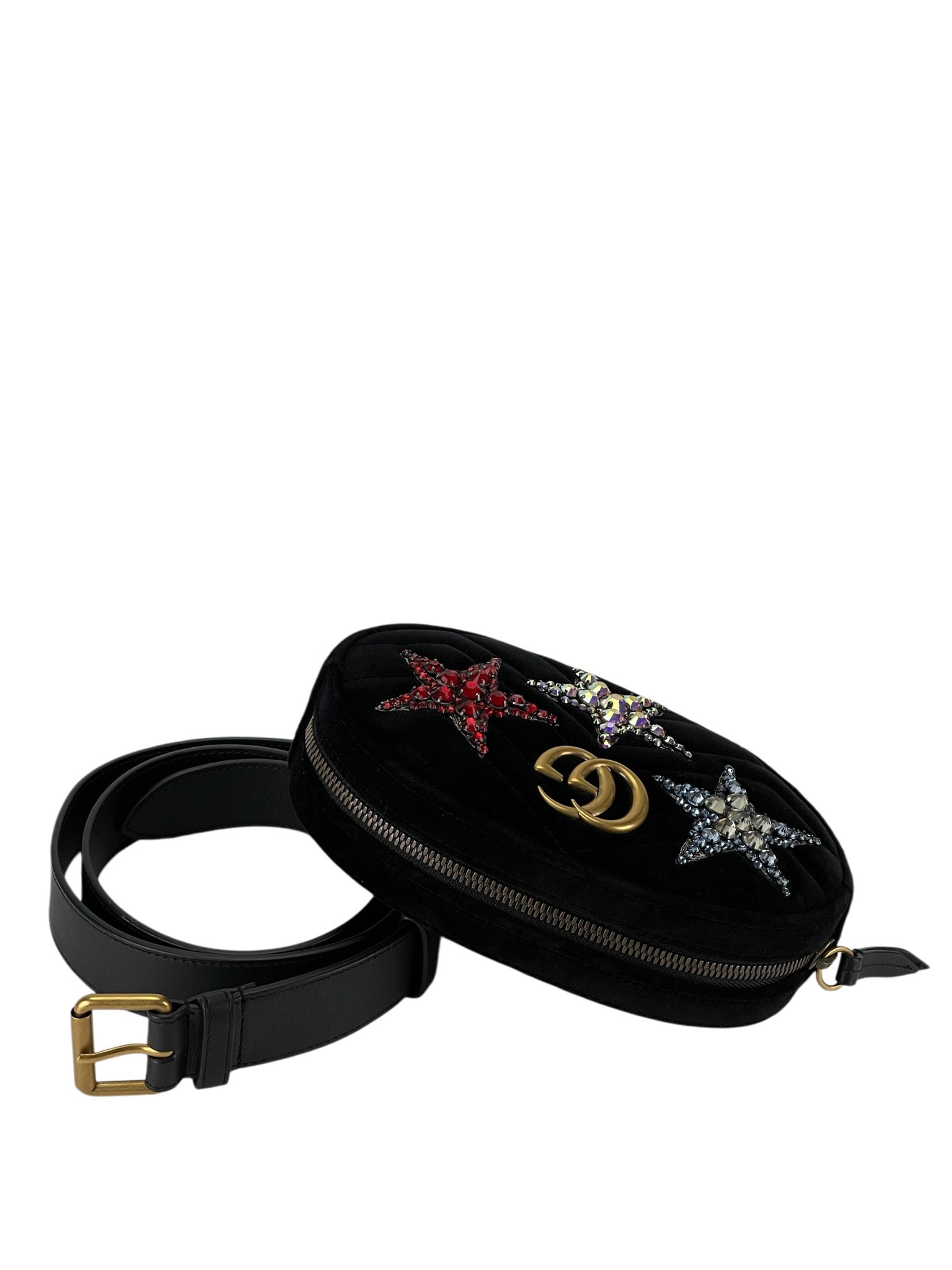 GUCCI - Black Quilted Velvet GG Marmont Crystal Stars Belt Bag