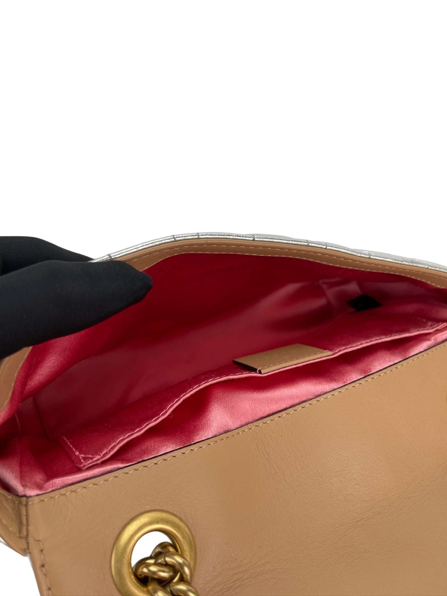 GUCCI - Matelasse Studded Mini Pearly GG Marmont Shoulder Bag Silver Metallic Calfskin