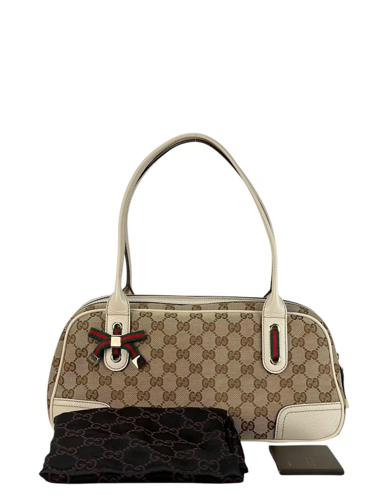 GUCCI - Monogram White Canvas Leather GG Mini Boston Bag