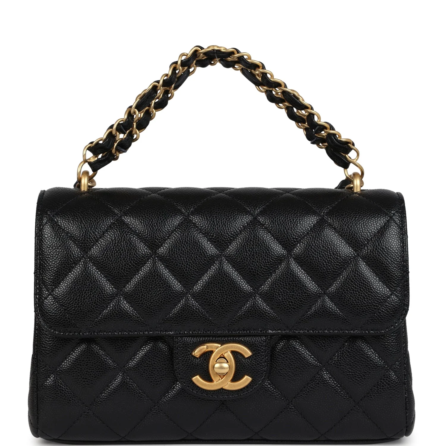 Chanel Small Top Handle Flap Bag Black Shiny Grained Calfskin Brushed Gold Hardware