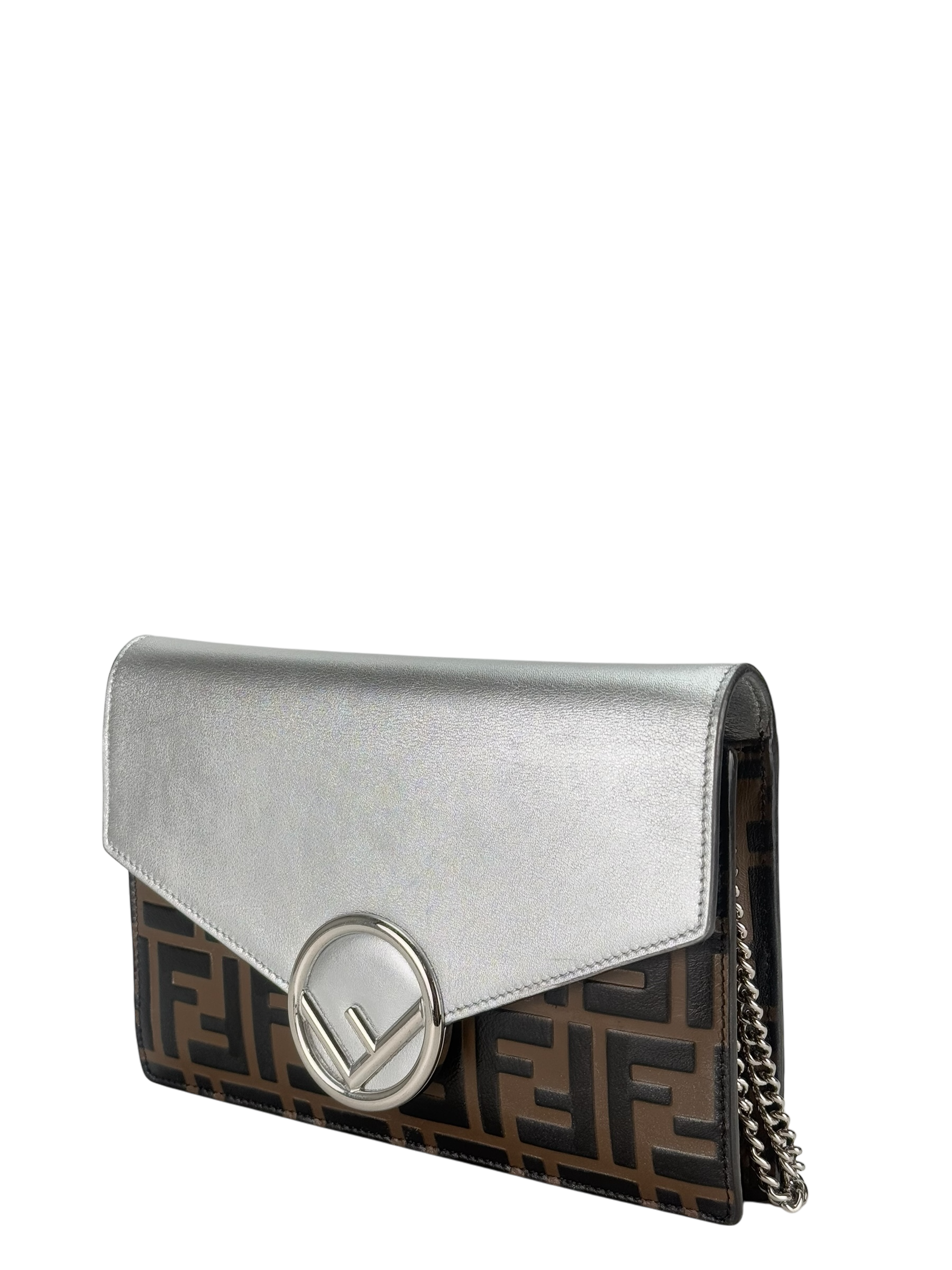 FENDI - Sliver FF Wallet On Chain leather Canvas handbag