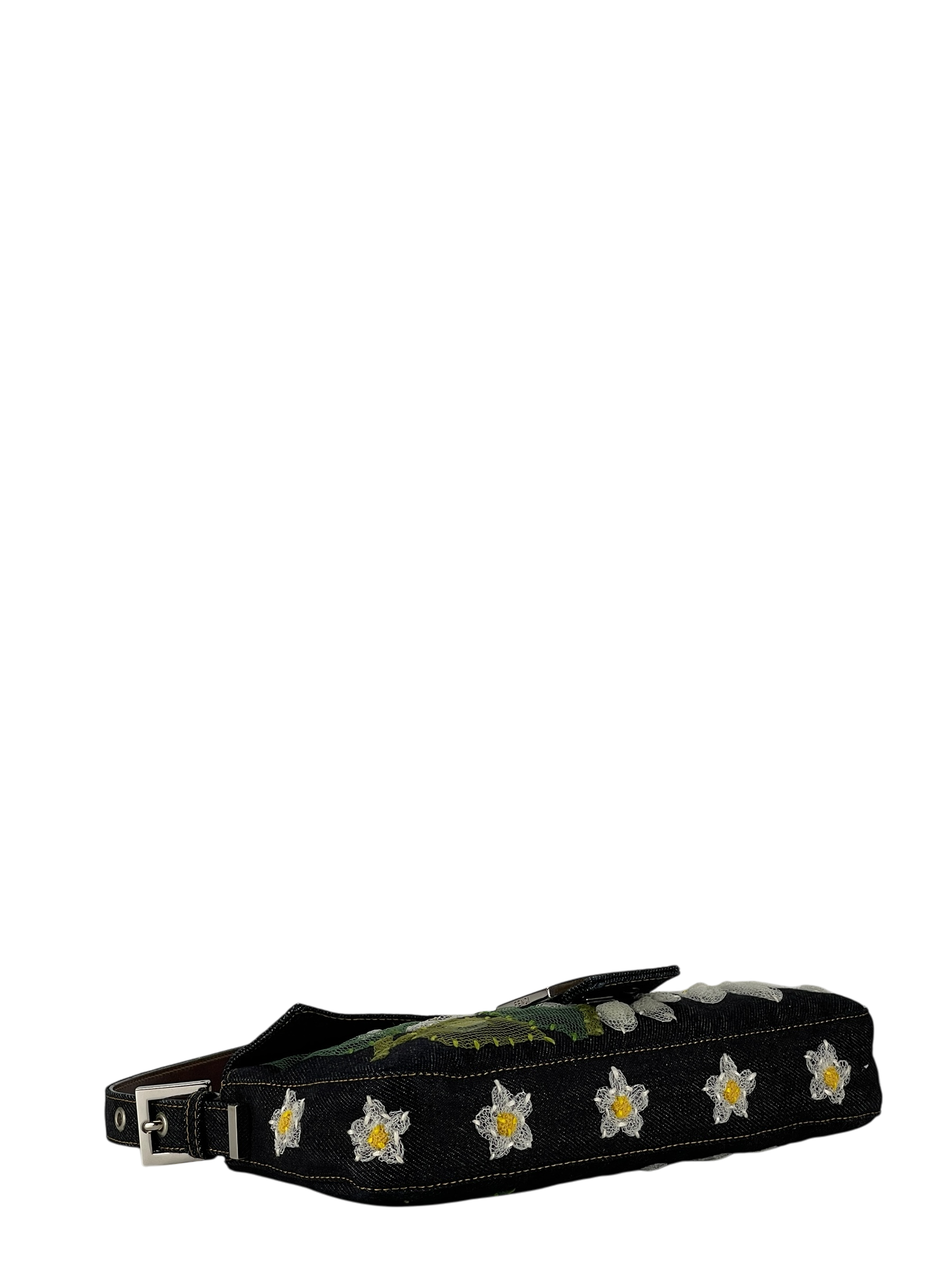 FENDI - Blue Denim Baguette in Dark Embroided Flowers