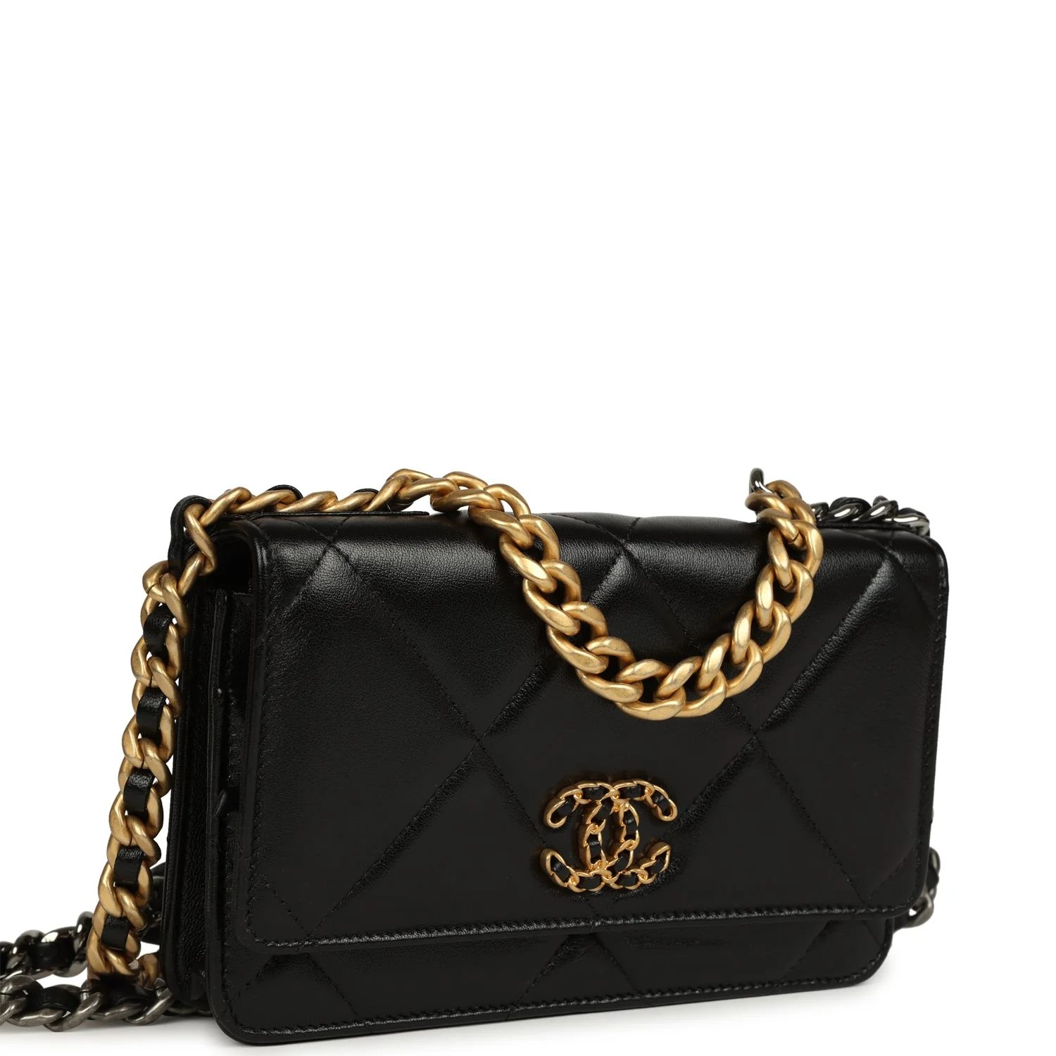 Chanel 19 Wallet On Chain Black Shiny Lambskin Mixed Metal Hardware