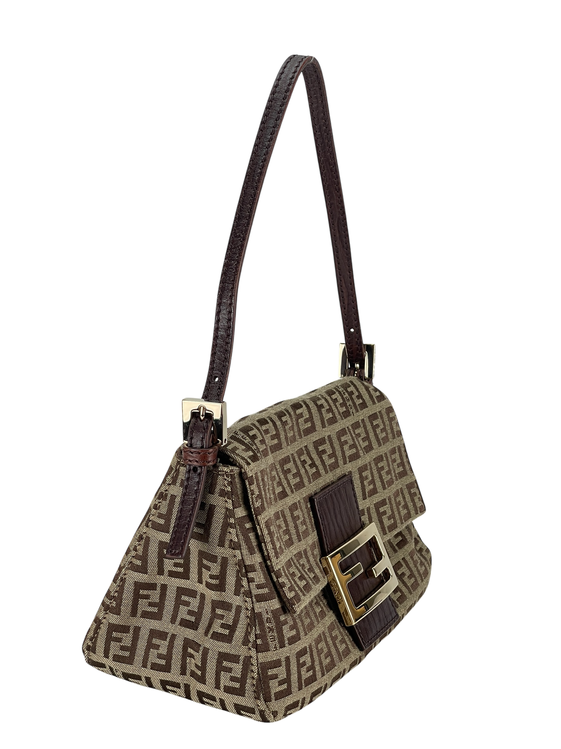 FENDI - Beige Zucca Canvas Leather Shoulder Bag