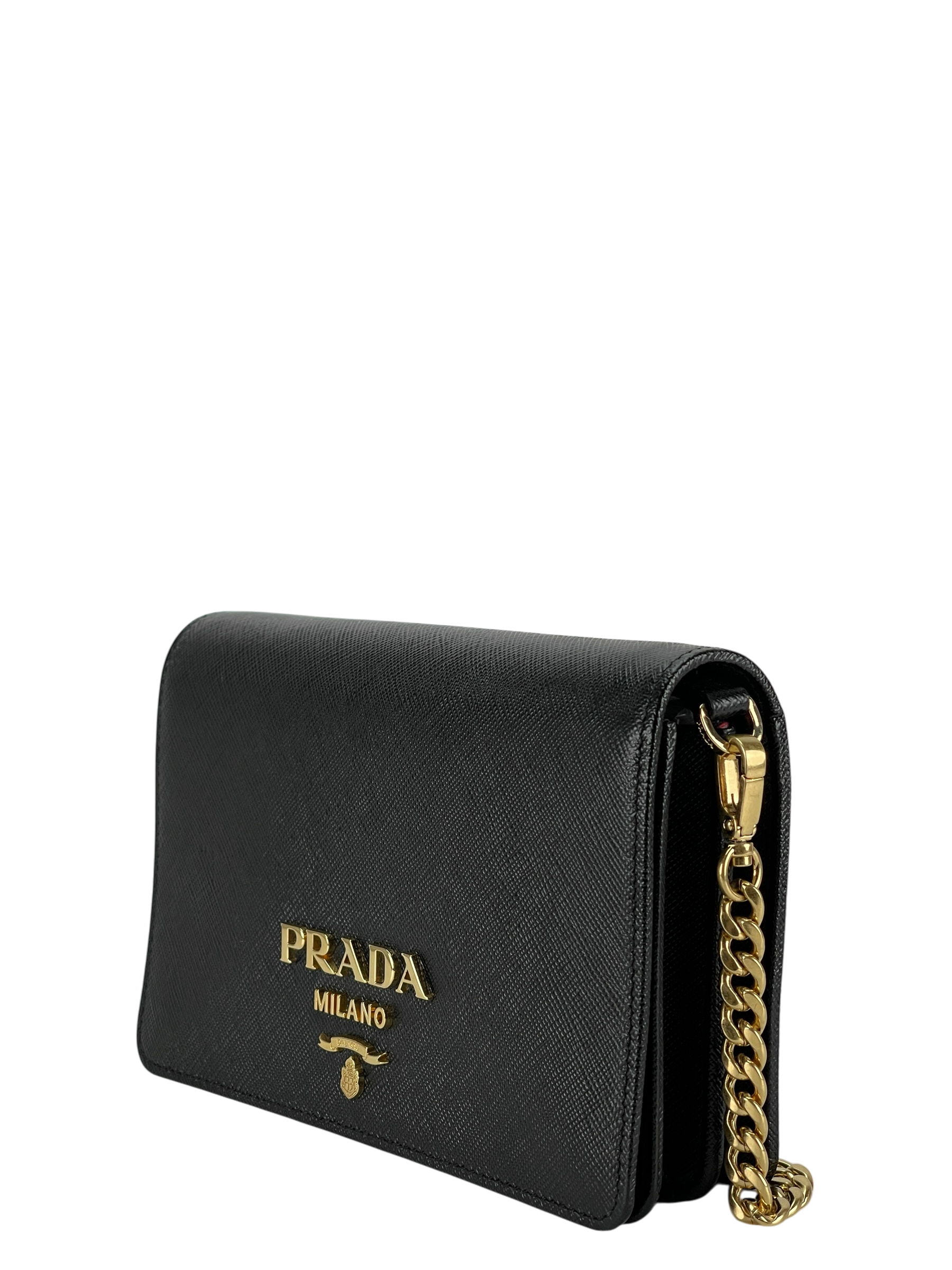 PRADA - Black Calfskin Leather Saffiano Chain Shoulder Bag Gold Hardware