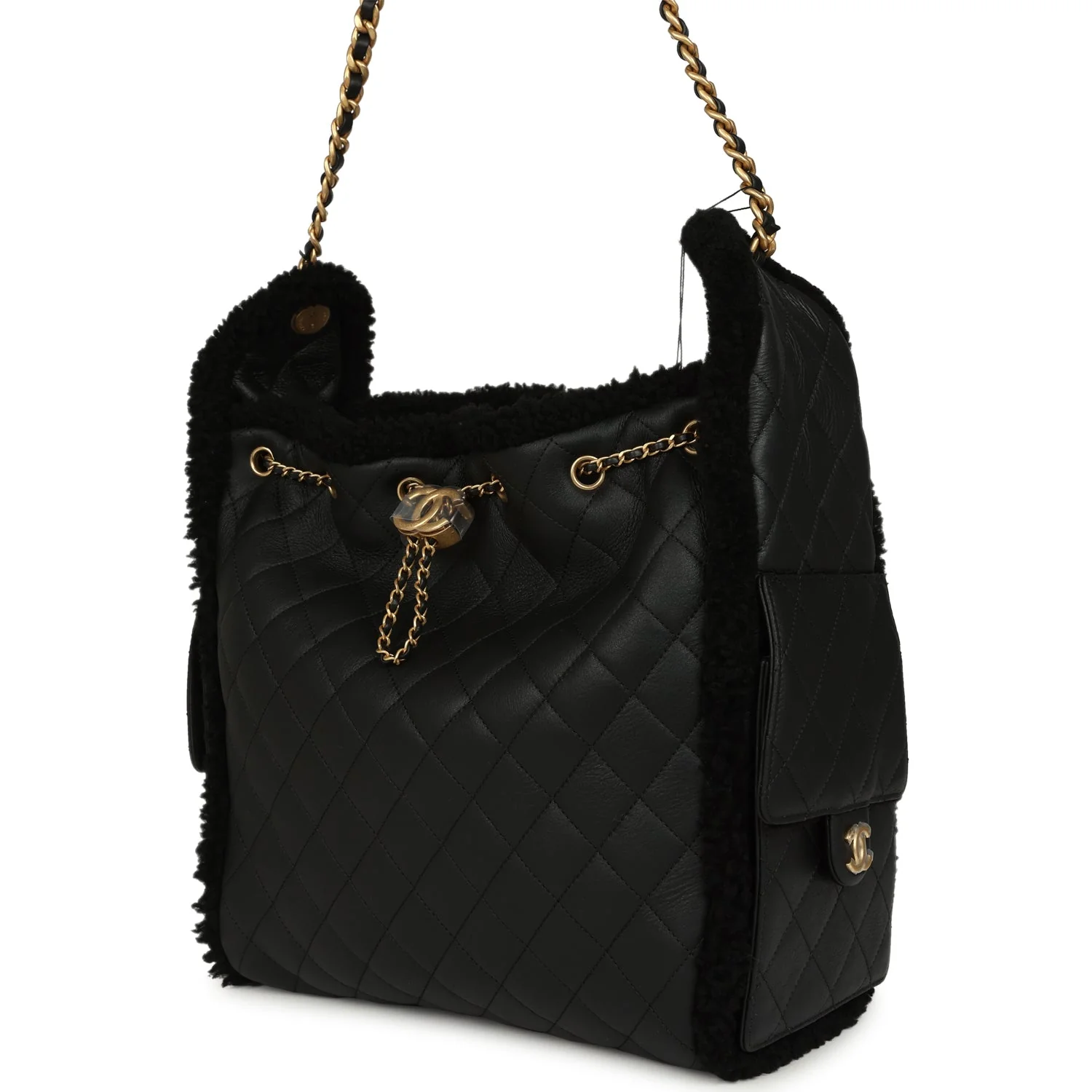 Chanel Medium 25 Hobo Bag Black Crumpled Sheepskin and Shearling Antique Gold Hardware