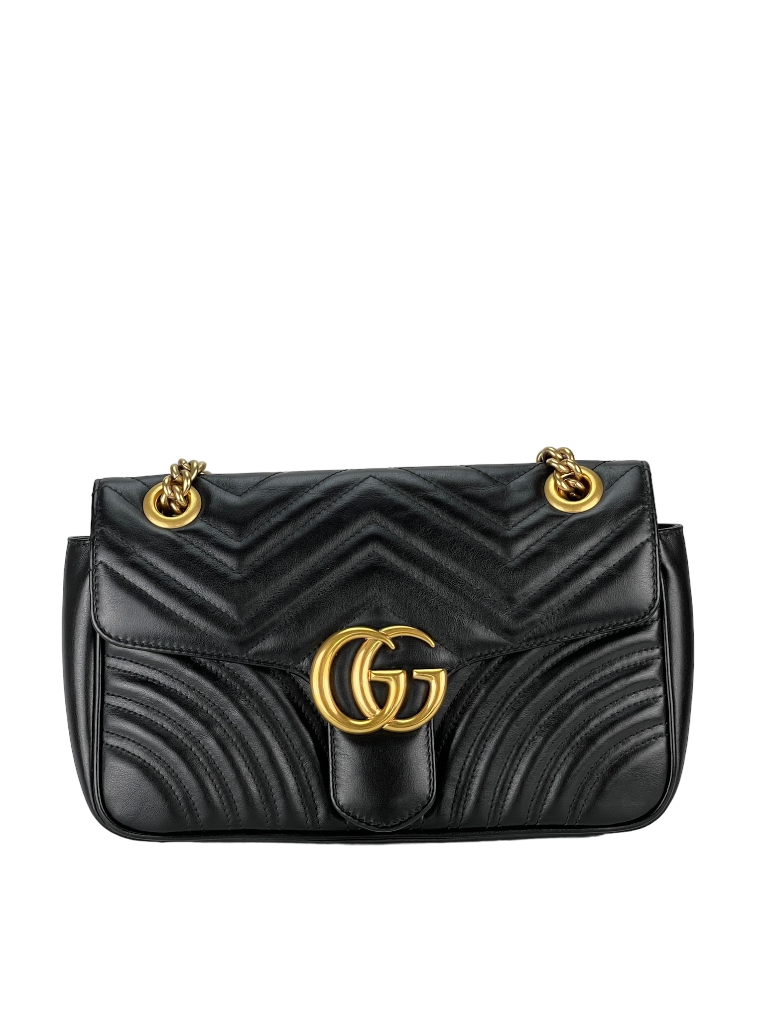 GUCCI - Black GG Marmont Medium Shoulder Bag Gold Hardware