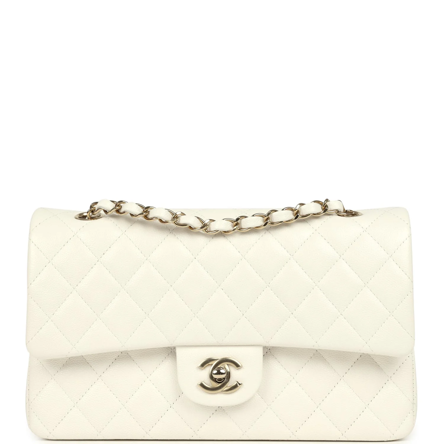 Chanel Medium Classic Double Flap White Caviar Light Gold Hardware