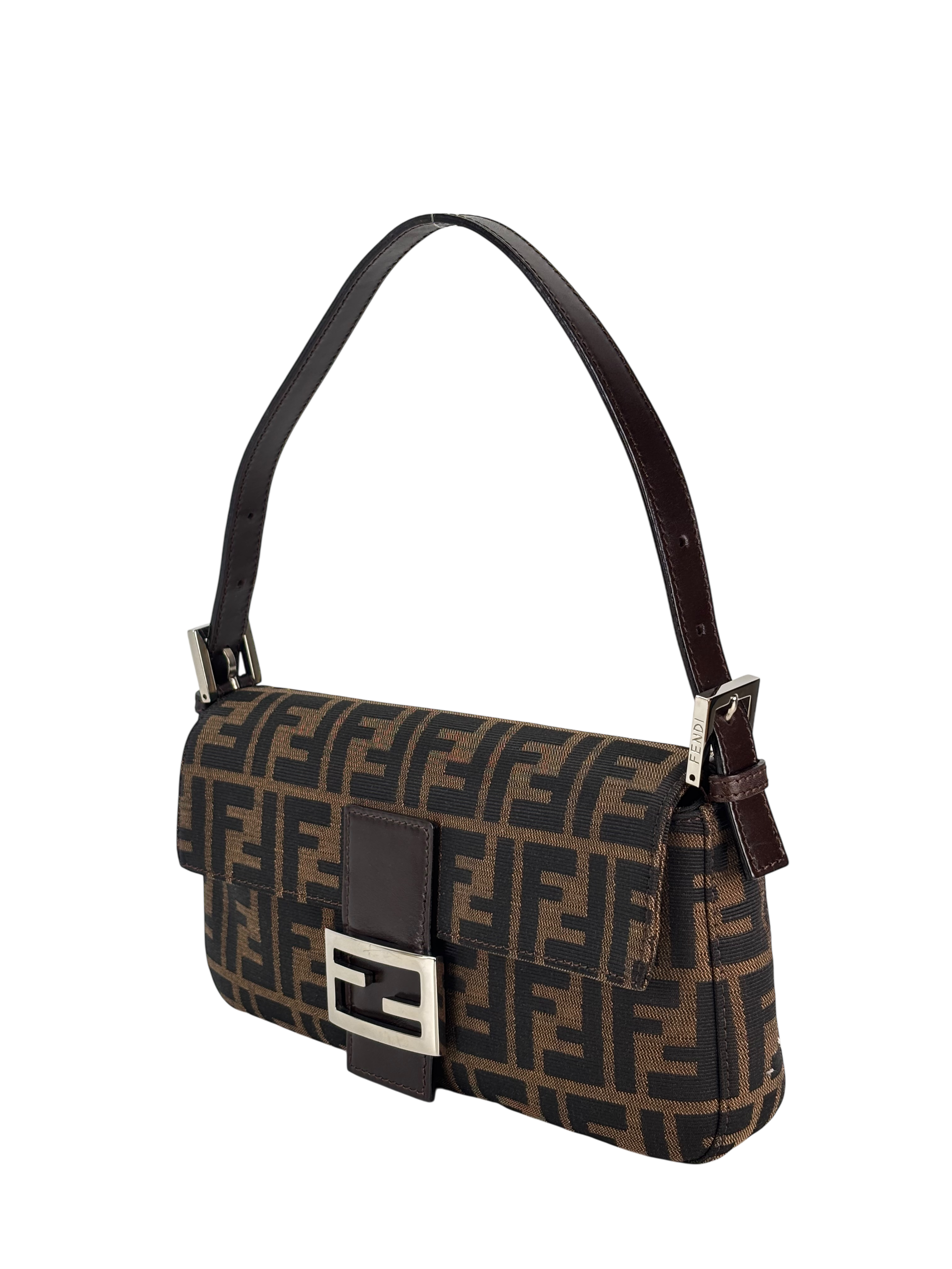 FENDI - Brown Canvas Baguette Handbag Silver Hardware