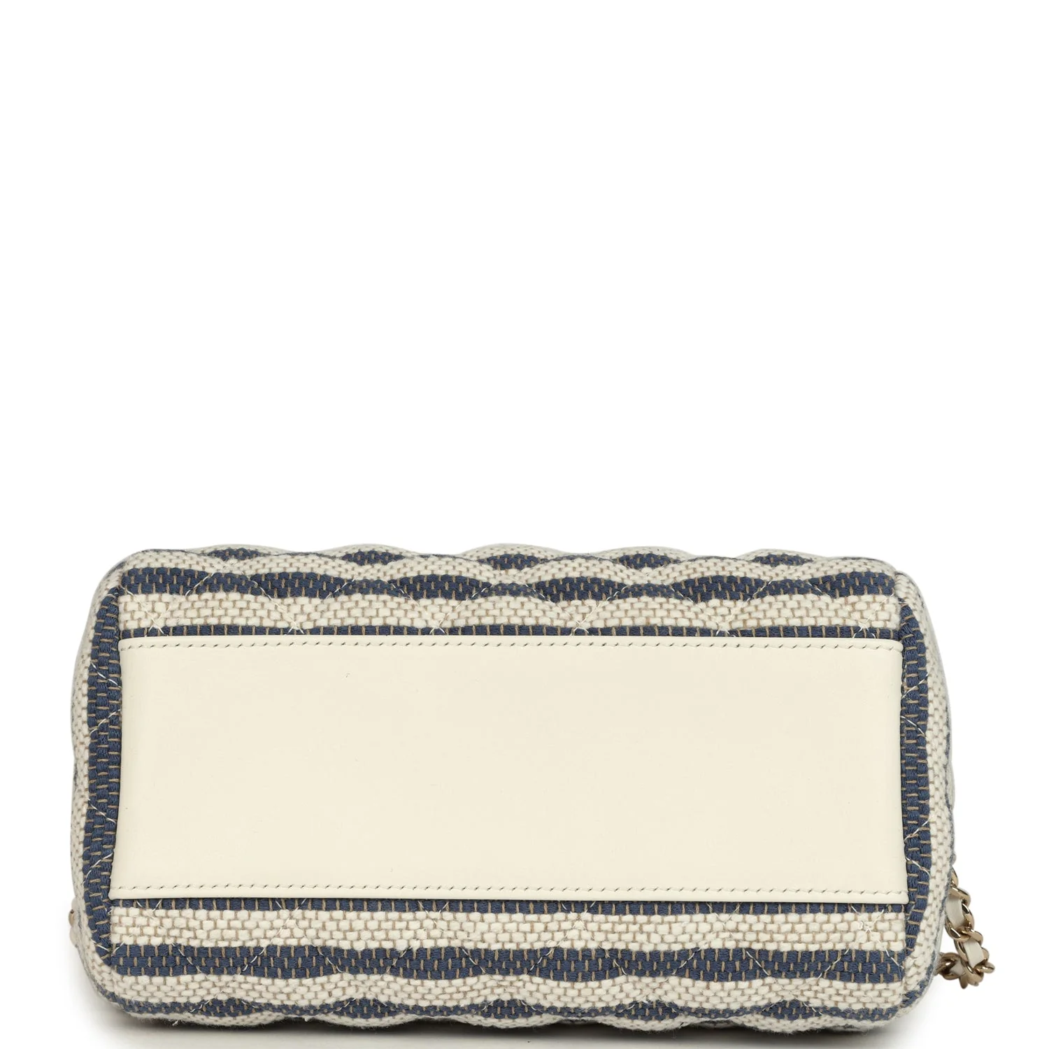 Chanel Mini Timeless Classic Barrel Bag with Chain Light Beige and Dark Blue Striped Woven Fabric Light Gold Hardware