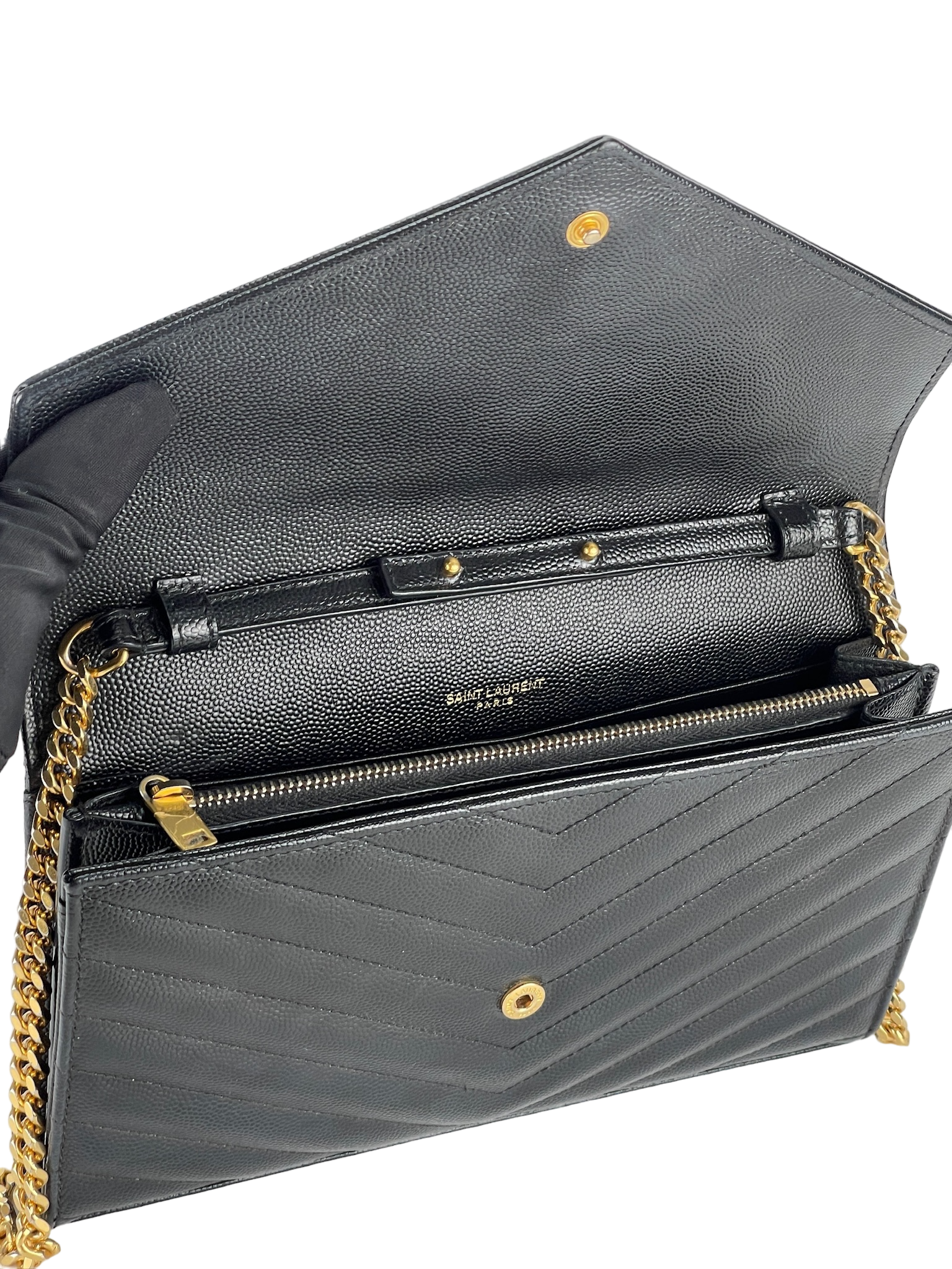 SAINT LAURENT - Grain De Poudre Matelasse Chevron Monogram Chain Wallet