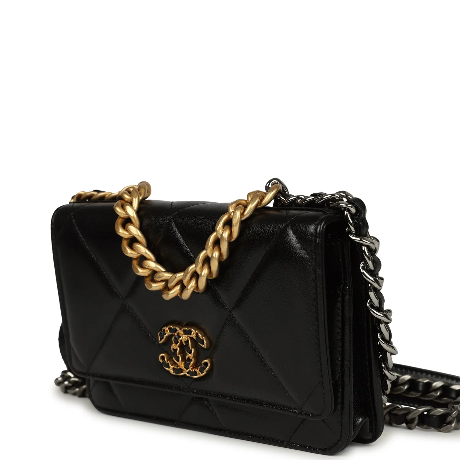 Chanel 19 Wallet On Chain Black Shiny Lambskin Mixed Metal Hardware