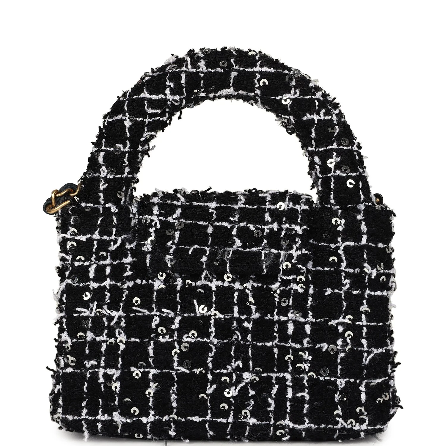 Chanel Nano Kelly Shopper Black, White & Silver Sequin Tweed Brushed Gold Hardware