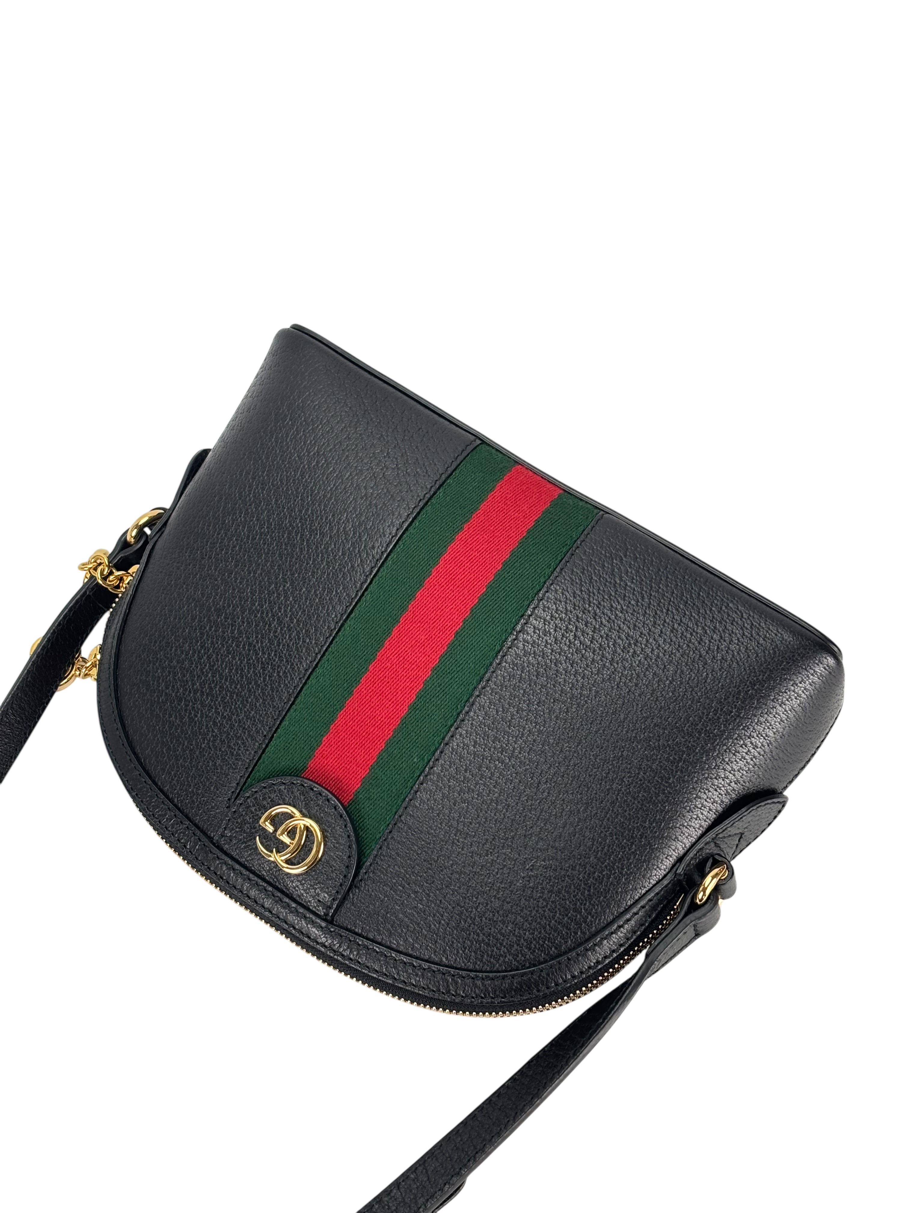 GUCCI - Leather Calfskin GG Web Small Ophidia Dome Shoulder Bag Black