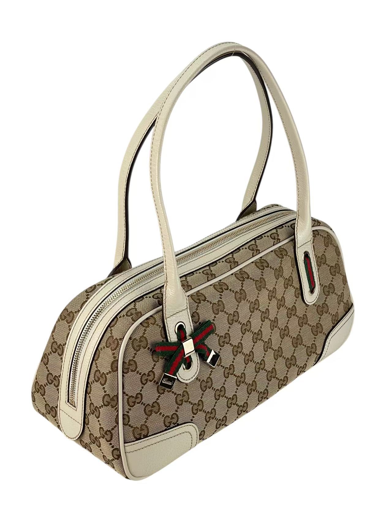 GUCCI - Monogram White Canvas Leather GG Mini Boston Bag
