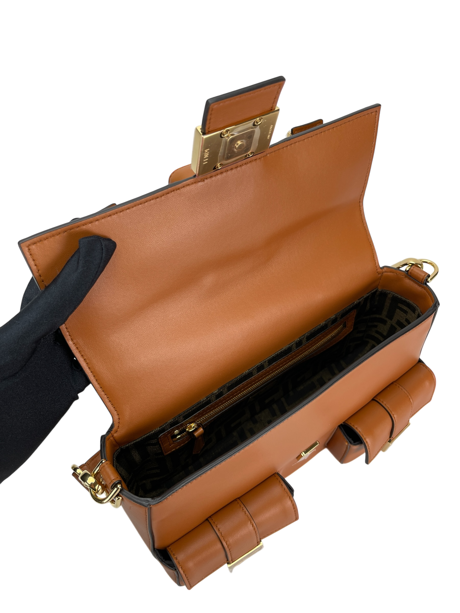 FENDI - Brown Multi Pocket Baguette Bag With FF Clasp Five Patch Pockets