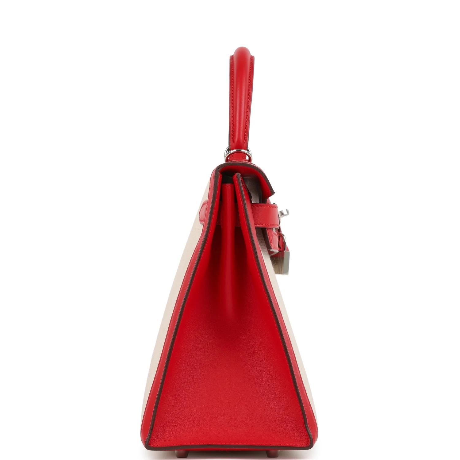Pre-owned Hermes Kelly Sellier 28 Rouge De Coeur Swift and Beige-Ecru Toile H Canvas Palladium Hardware