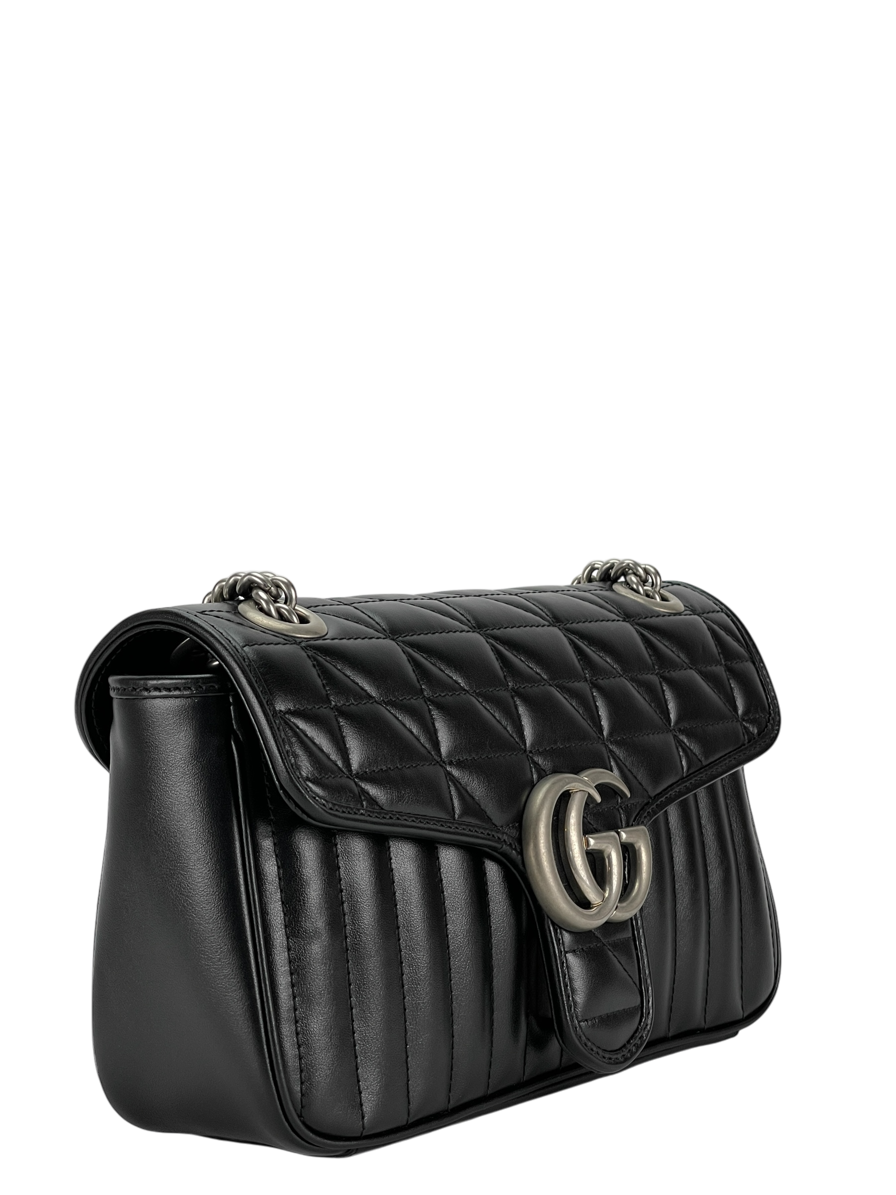GUCCI - Black GG Marmont Medium Shoulder Bag Sliver Hardware
