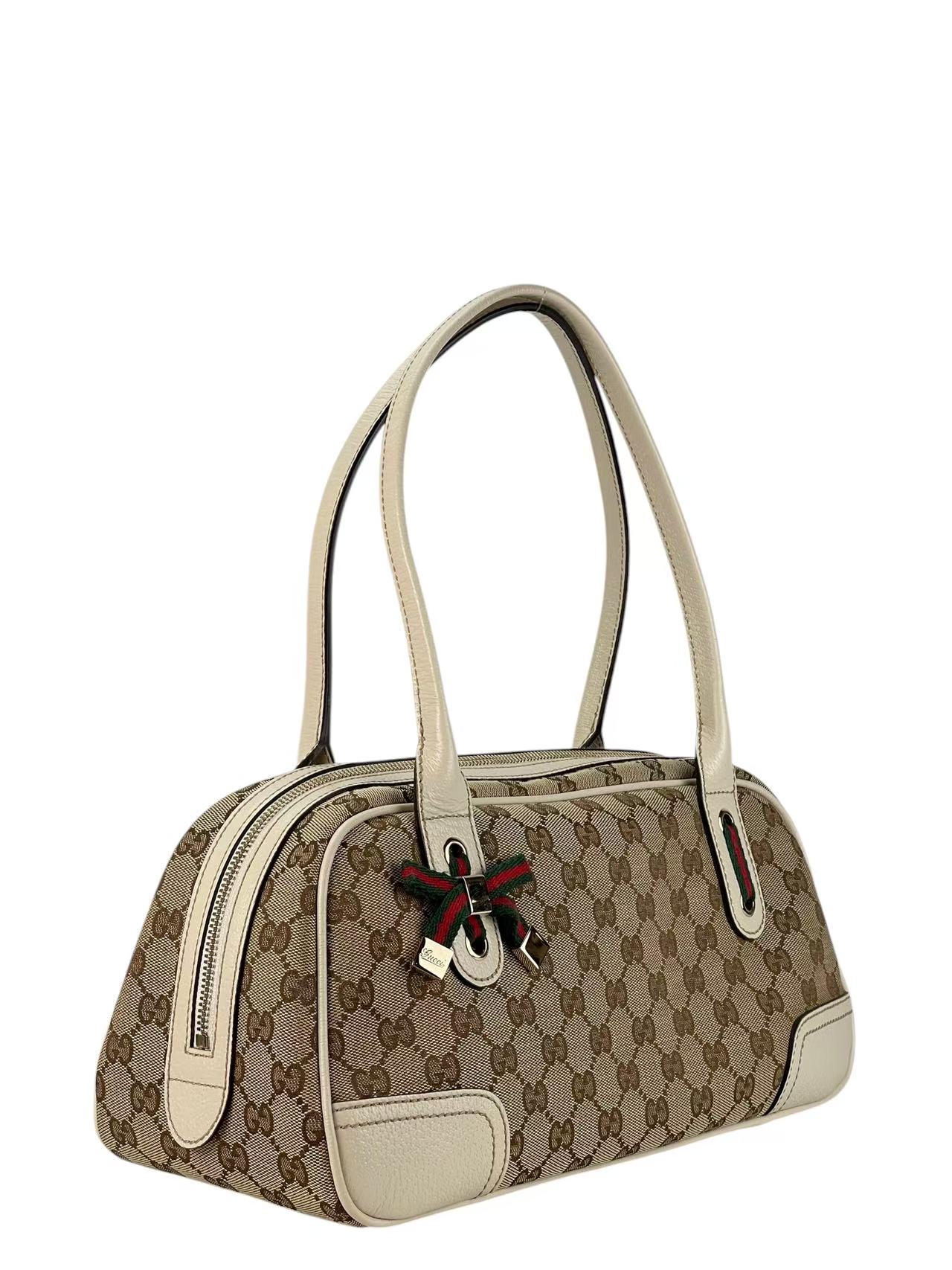 GUCCI - Monogram White Canvas Leather GG Mini Boston Bag