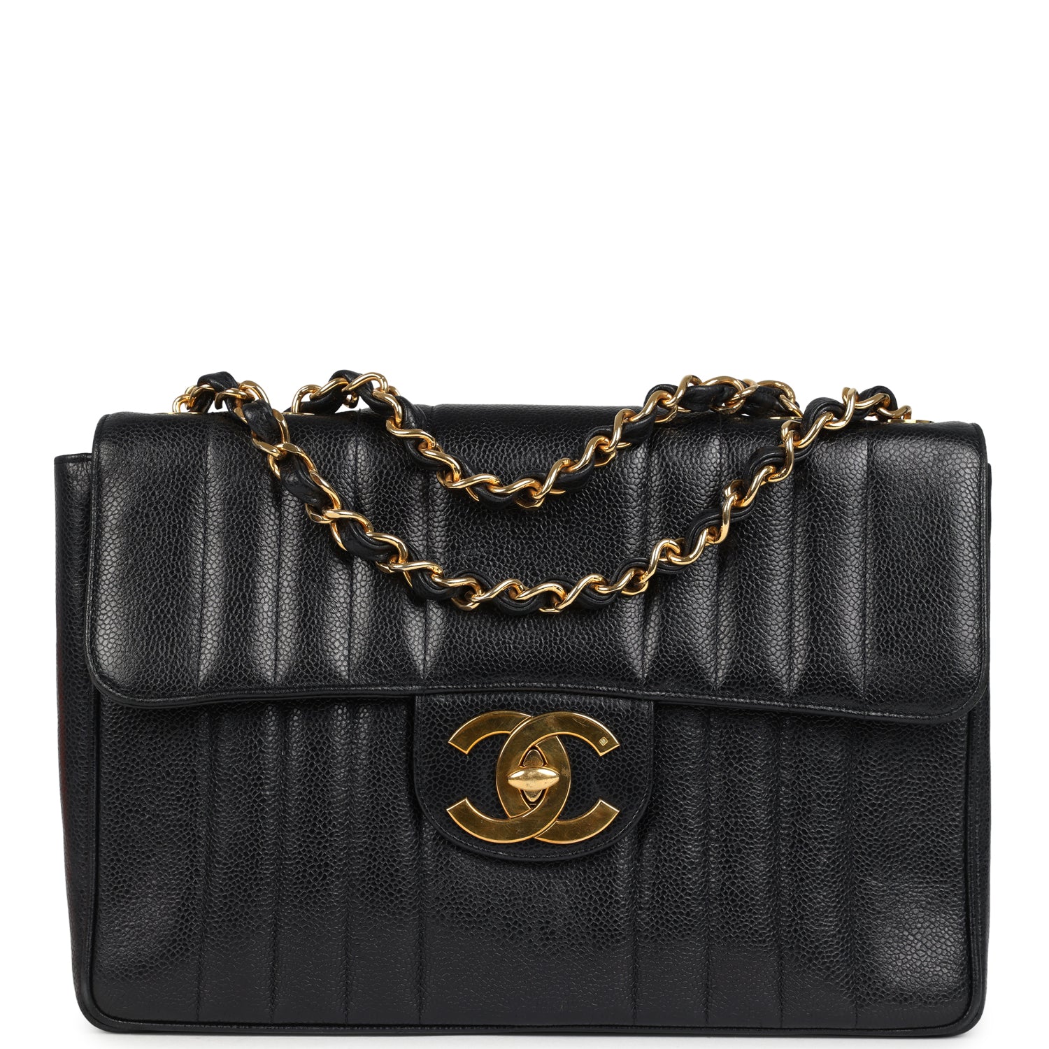 Vintage Chanel Jumbo Classic Mademoiselle Vertical Flap Black Caviar Gold Hardware