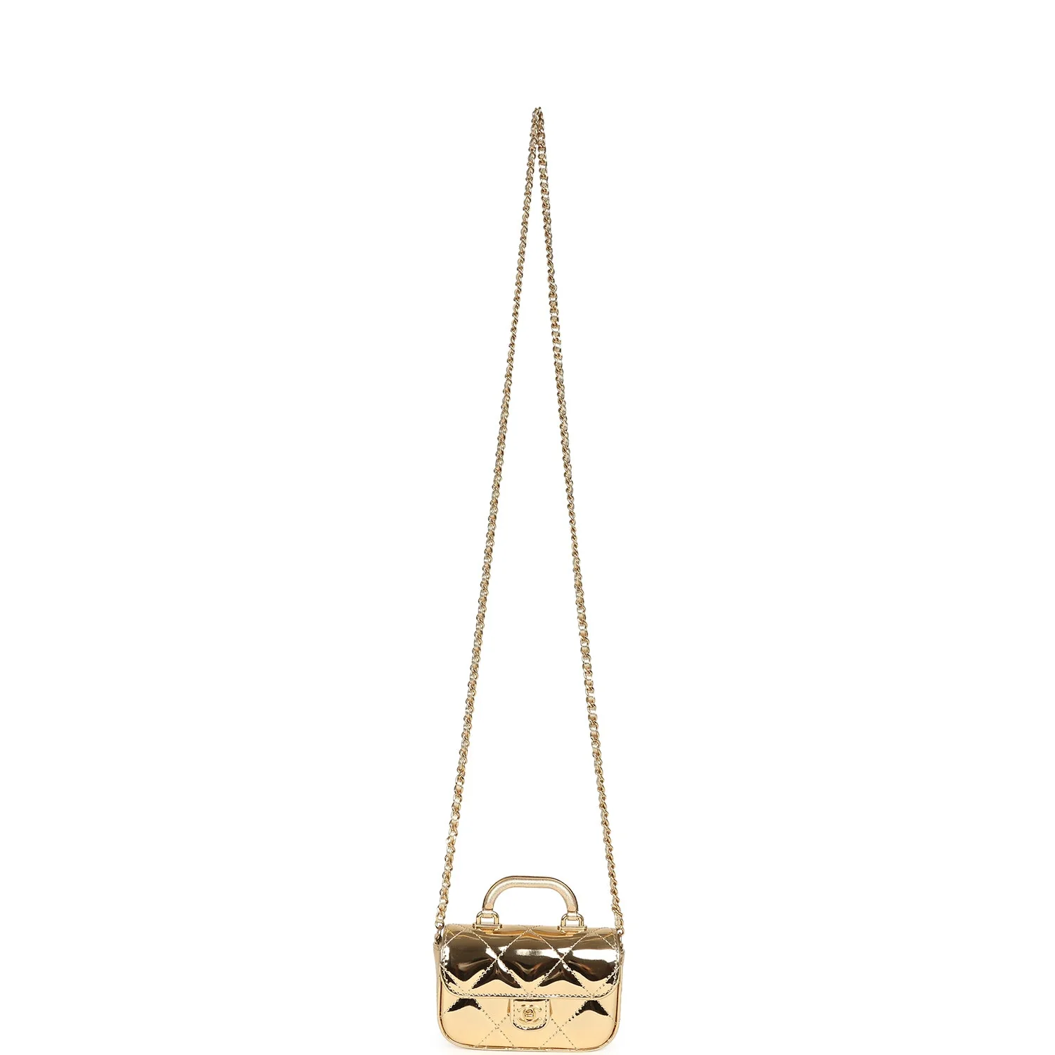 Chanel Micro Top Handle Flap Bag with Chain Light Gold Mirror Calfskin Gold Hardware