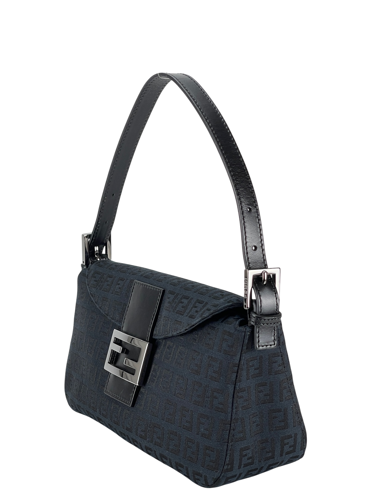 FENDI - Black Canvas Zucca Shoulder Bag Silver Hardware