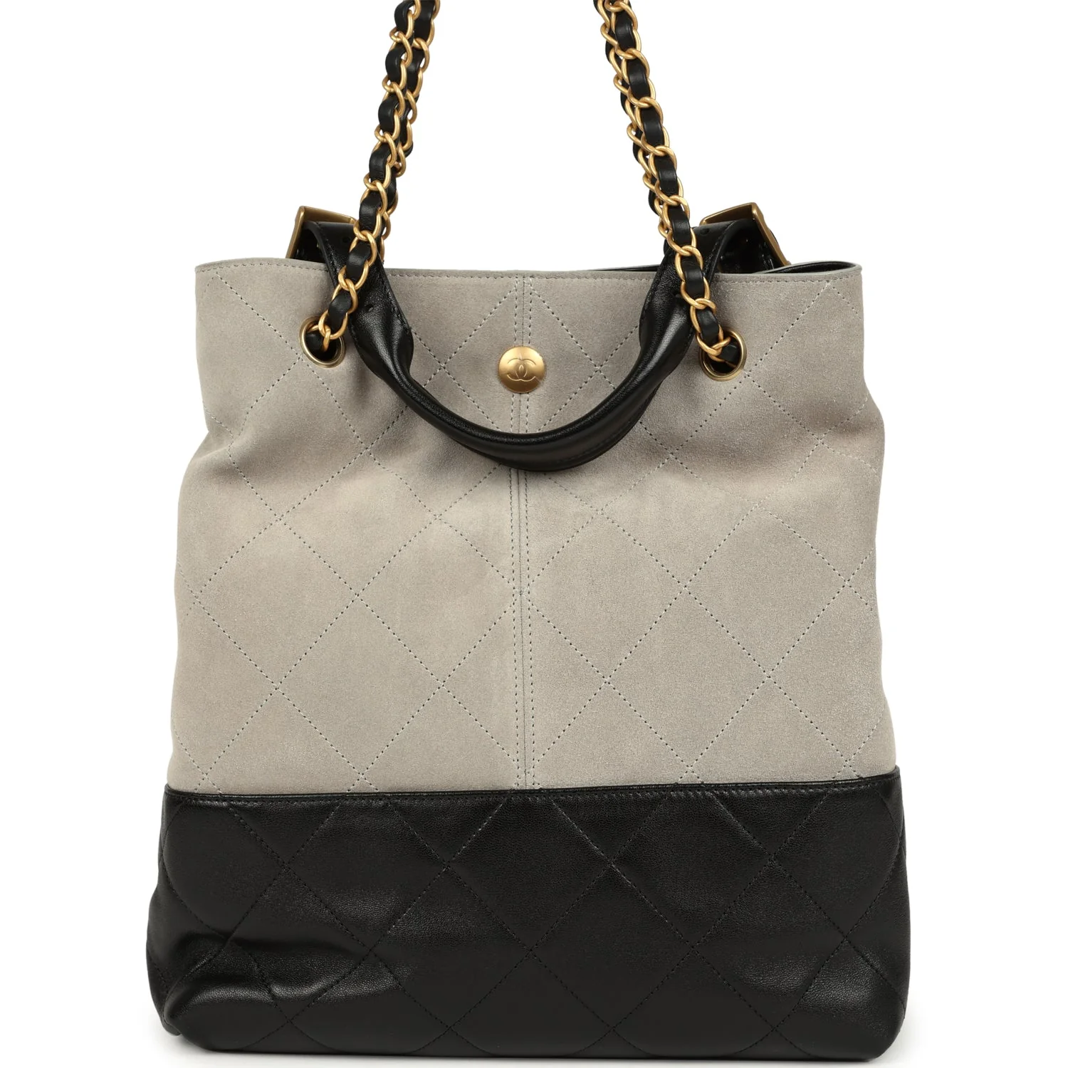 Chanel Coco Shopping Bag Dark Grey Suede and Black Shiny Lambskin Brushed Gold Hardware