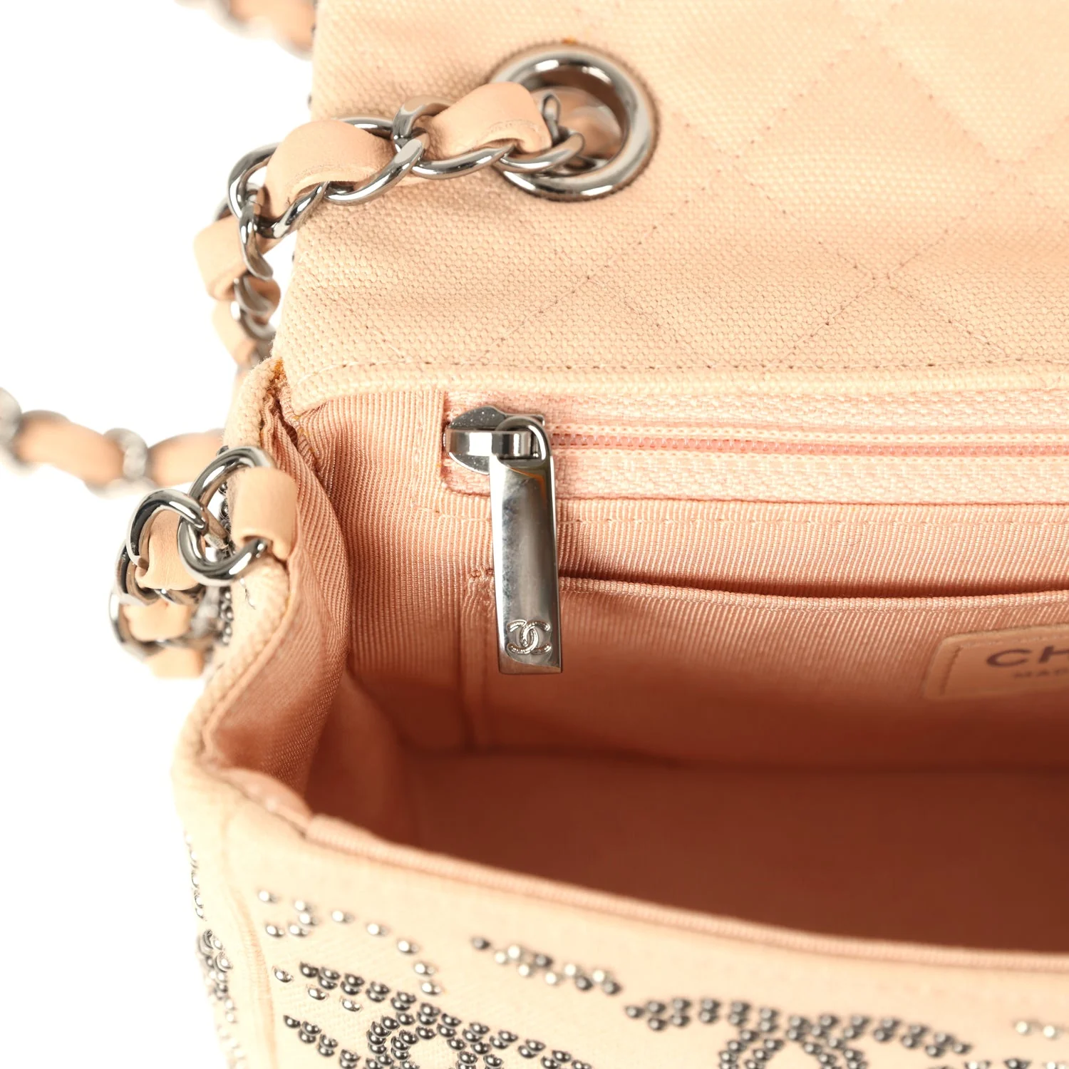 Pre-owned Chanel Mini CC Studded Rectangular Flap Bag Light Pink Canvas Ruthenium Hardware