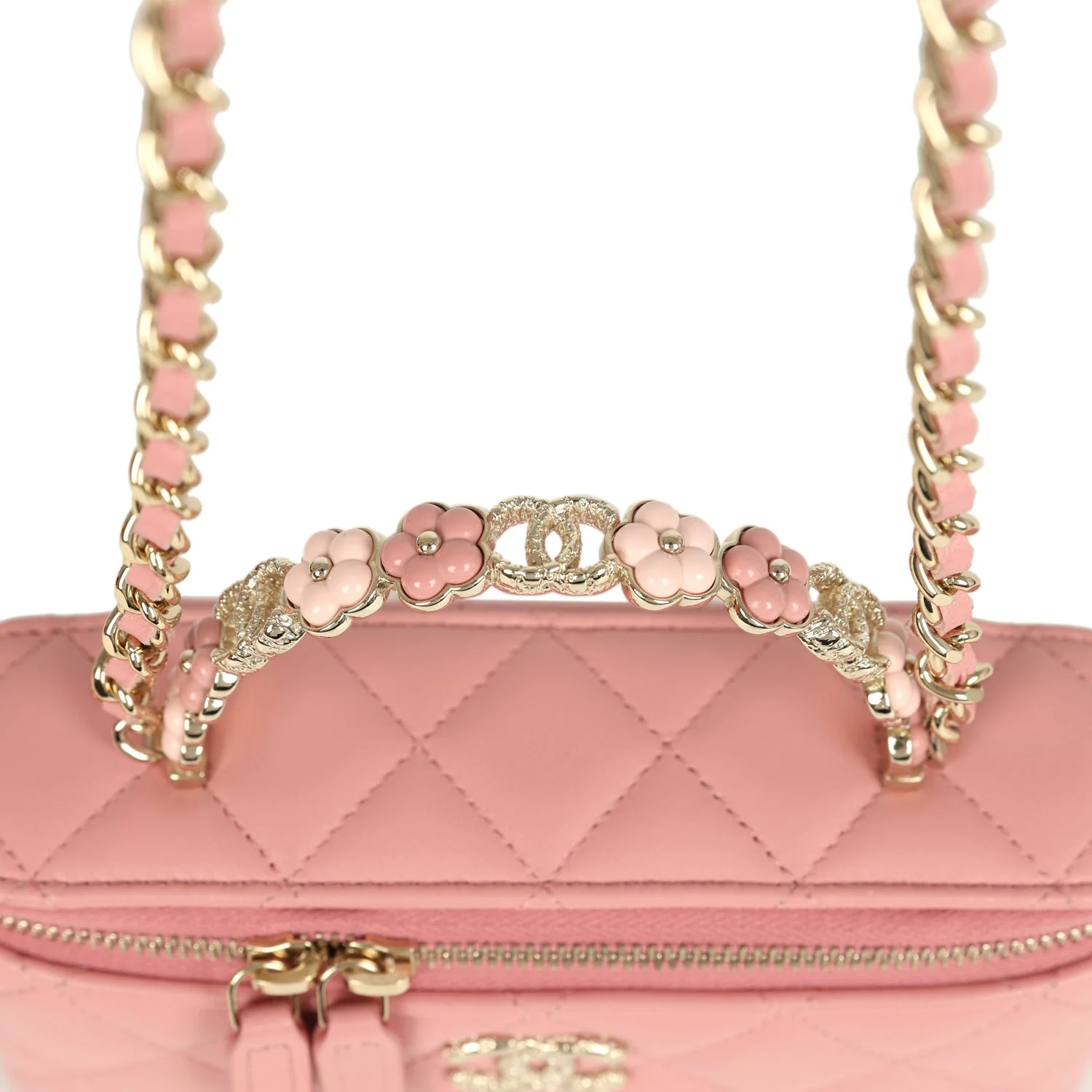 Chanel Flower Top Handle Long Vanity Case with Chain Pink Lambskin Light Gold Hardware