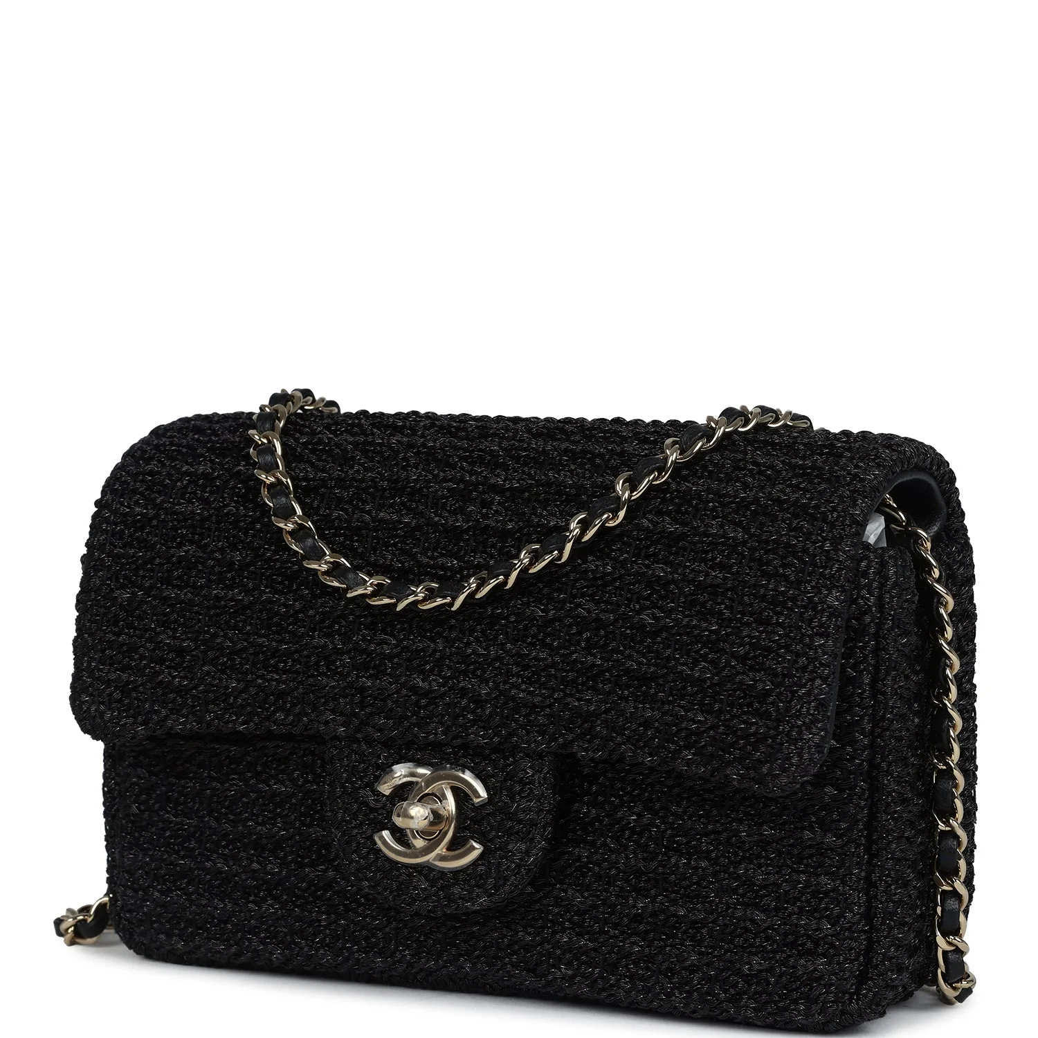 Chanel Mini Summer Nights Flap Bag Black Woven Patent Leather Light Gold Hardware