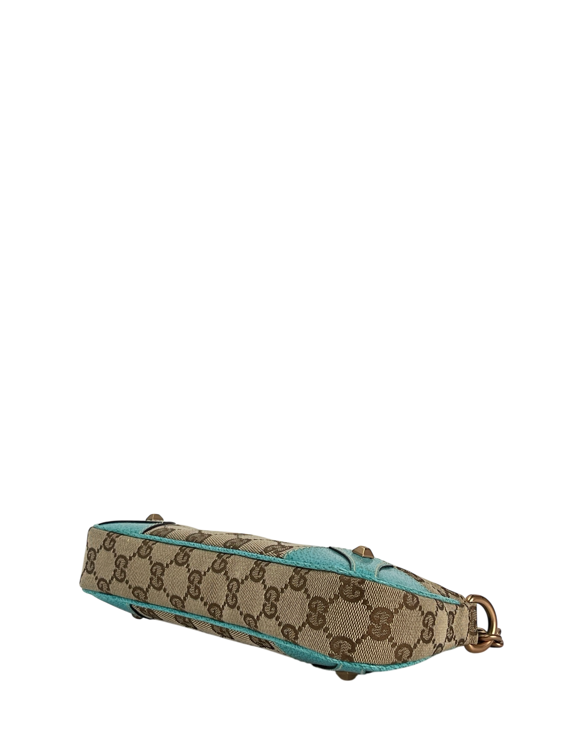 GUCCI - Beige Ophidia Blue Canvas Horsebit Nail Chain Shoulder Bag Pochette