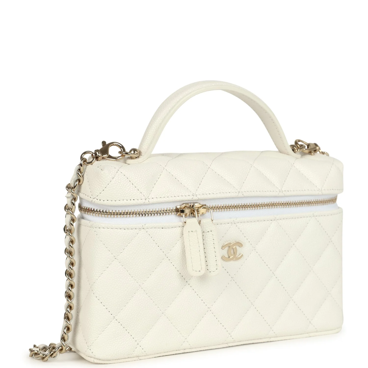 Chanel Top Handle Long Vanity Case with Chain White Shiny Caviar Light Gold Hardware