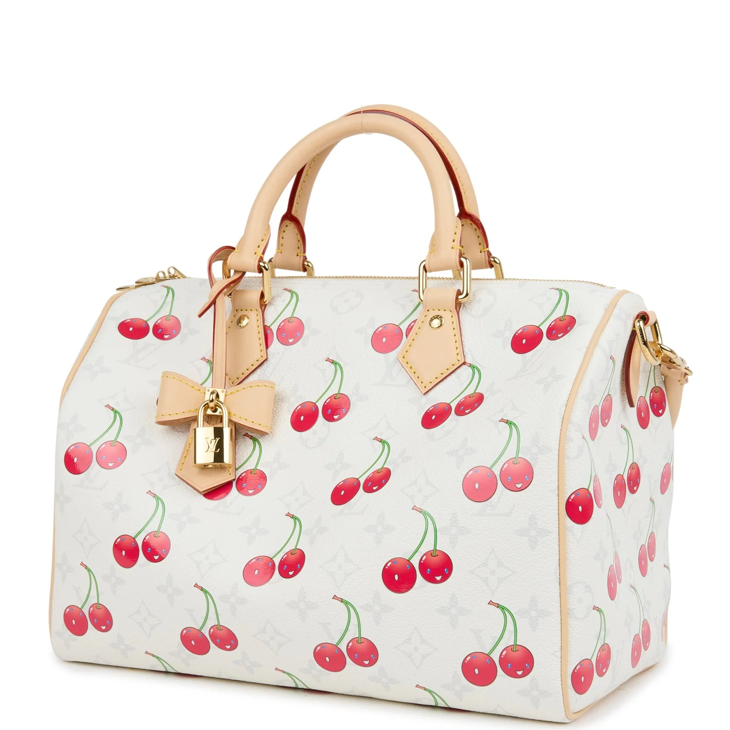 Louis Vuitton X Takashi Murakami Soft Speedy Bandouliere 30 Cherry White Monogram Gold Hardware