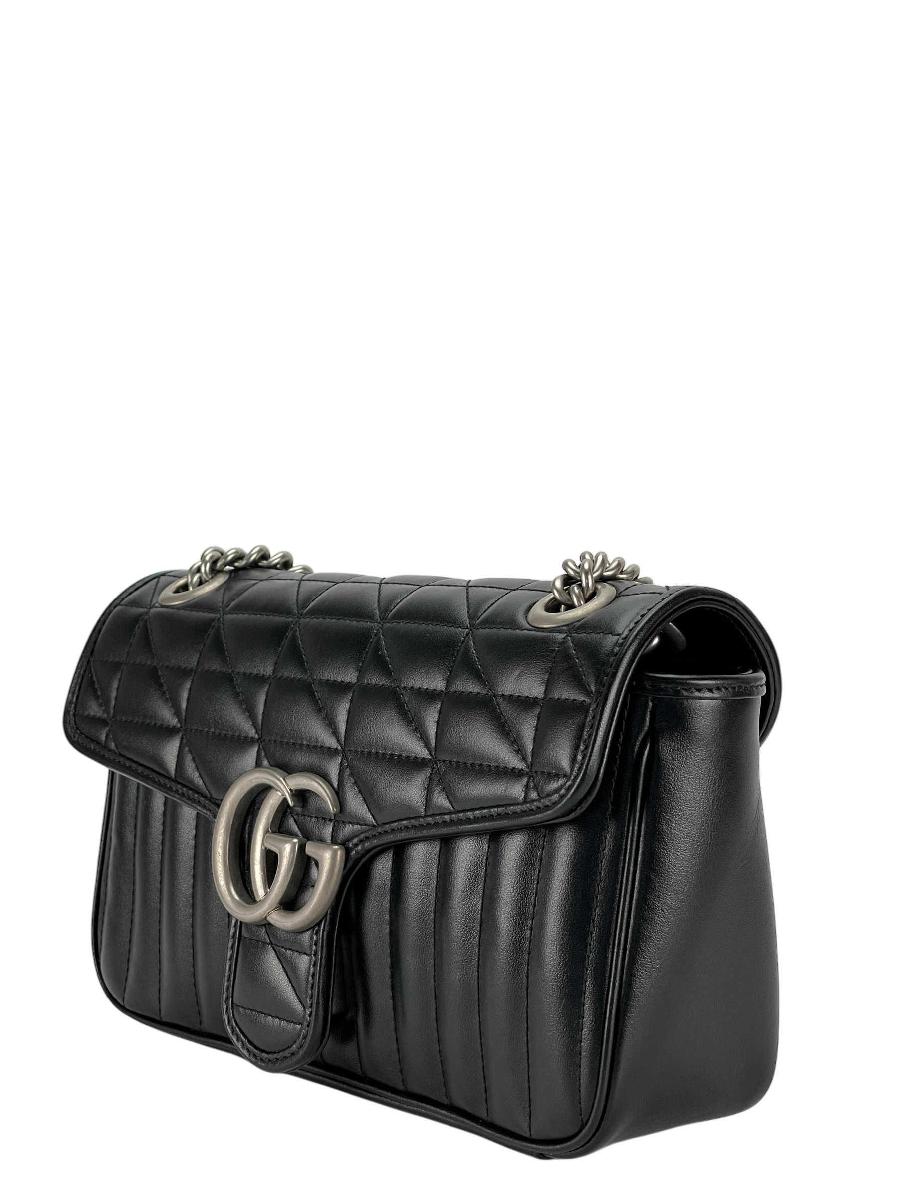 GUCCI - Black GG Marmont Medium Shoulder Bag Sliver Hardware