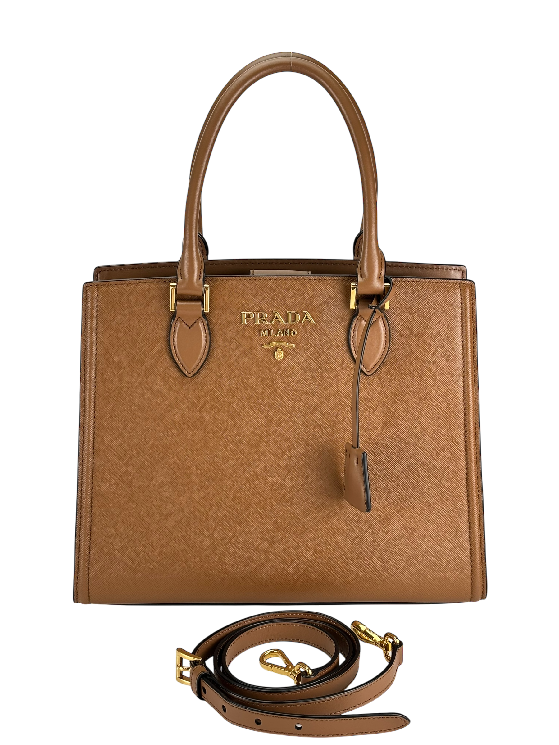 PRADA - Brown Calfskin Saffiano 2Way Hand Shoulder Bag