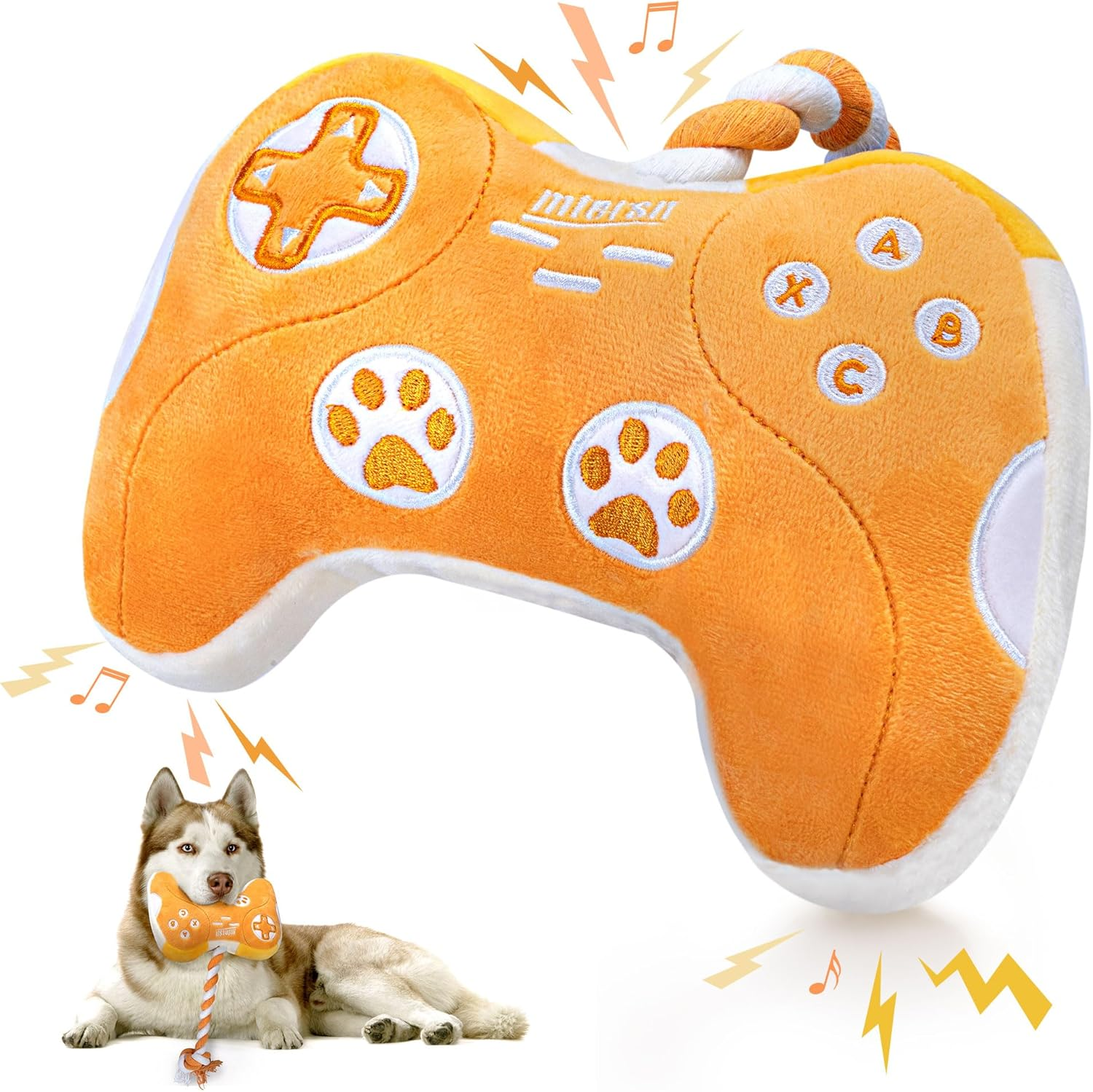 Plush Dog Toy : Interactive Squeaky Dog Toys with Crinkle Paper and Gaming Controller Shape Dogs Rope Toys - Funny Pet Chew Toys with 3 Squeakers for Puppy, Small, Medium, Large Dogs (Yellow)