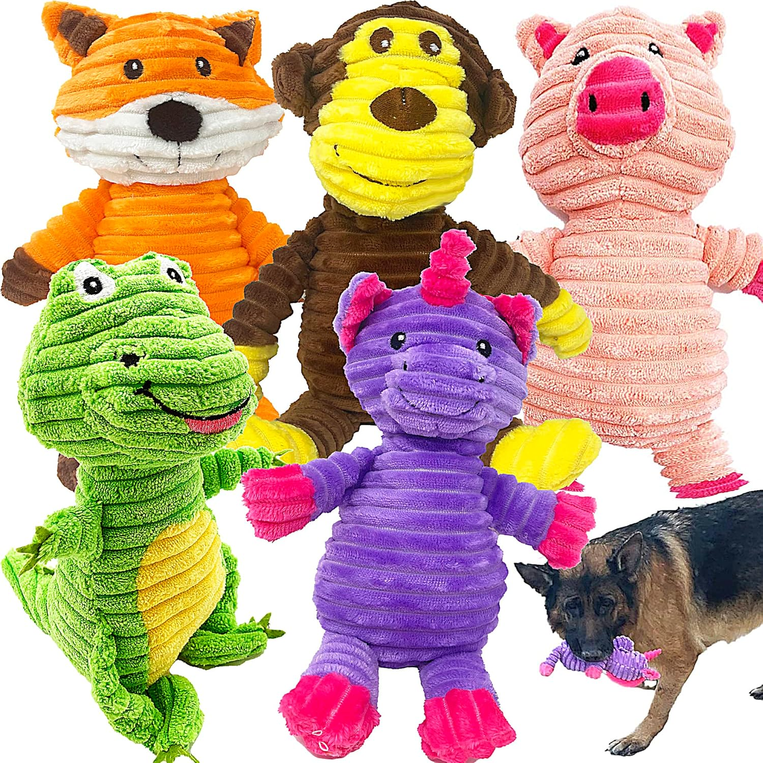 Plush Toys Assortment Value Bundle Puppy Pet Mutt Squeak Toy for Medium Large Dogs (5 Pack Corduroy)