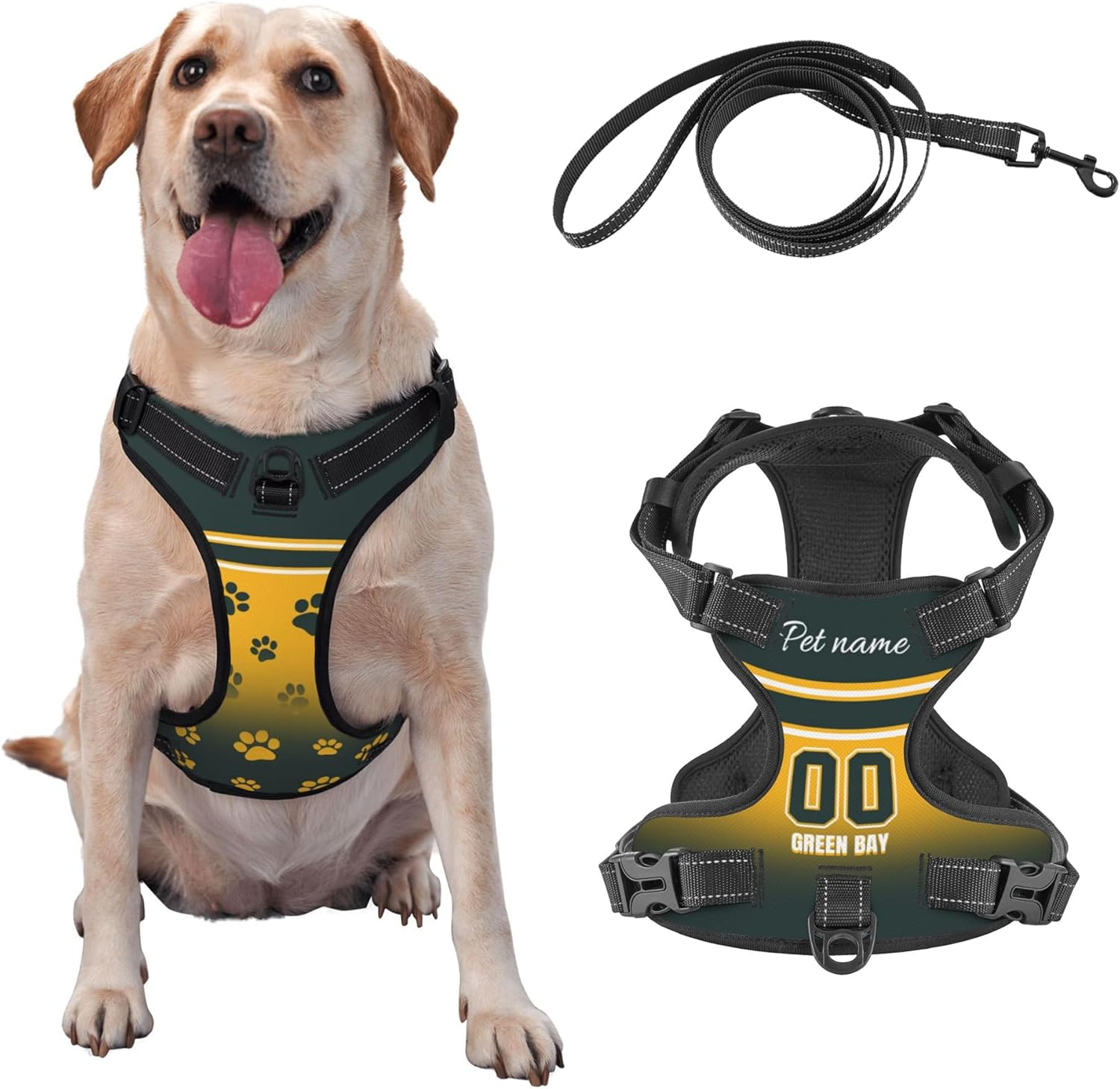 Custom Green Bay Dog Harness with Reflective Stripes Personalized Name and Number Dog Vest Harness with Pet Traction Rope for Small Medium Large Dog