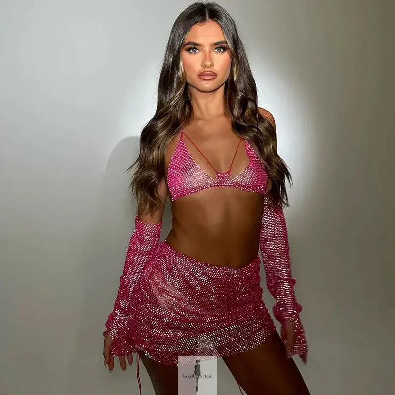 Rhinestone Women Top with Mini Skirt and Arm Cuff