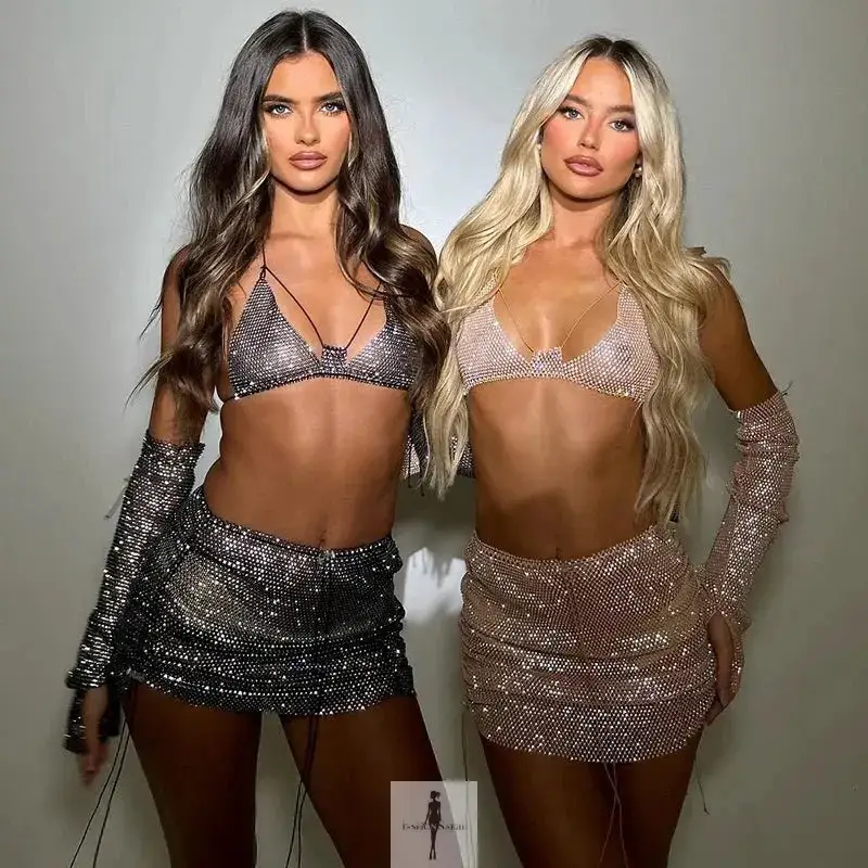 Rhinestone Women Top with Mini Skirt and Arm Cuff