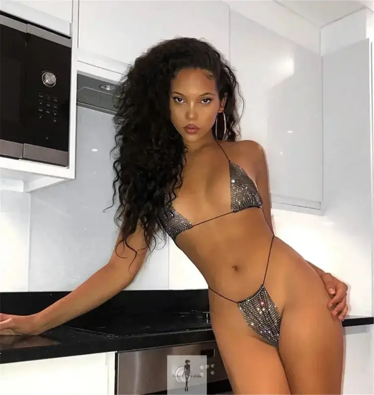 Rhinestone Women Top with Mini Skirt and Arm Cuff