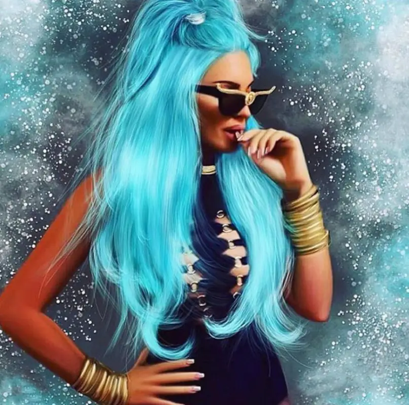 Blue Haired Woman with Lion Head Sunglasses