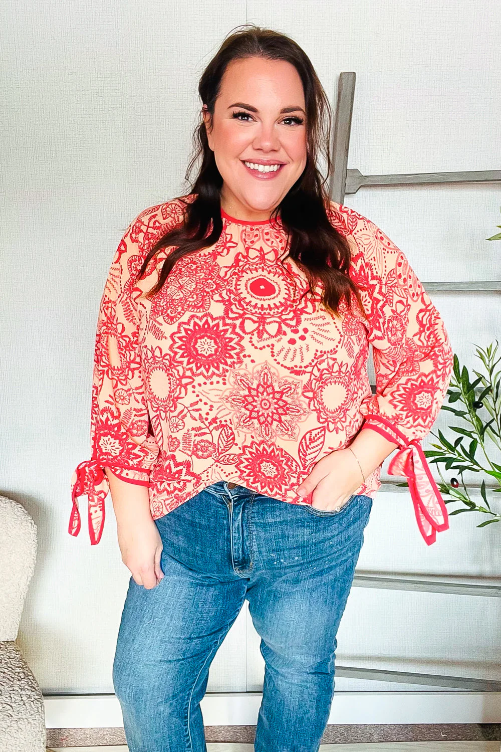 Be Bold Red & Coral Floral Long Sleeve Bow Tie Contrast Binding Top (Open Pack)