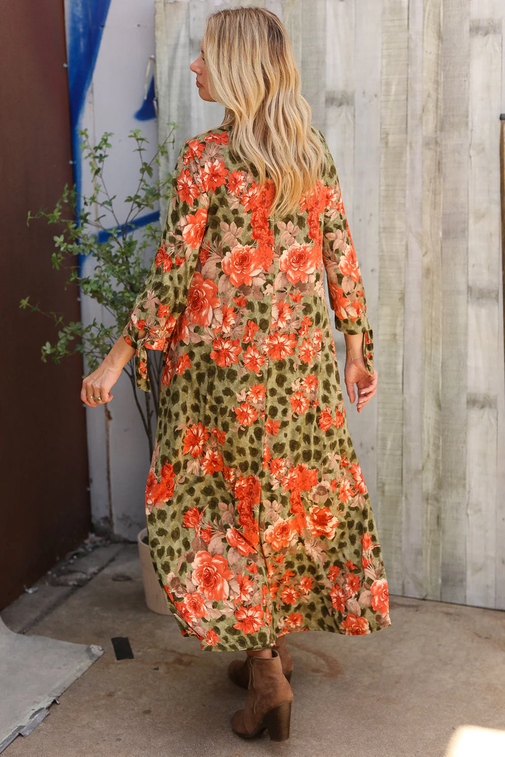 Follow Me Round Neck Animal Floral Print Tie Bow Sleeve Midi Dress (Open Pack)