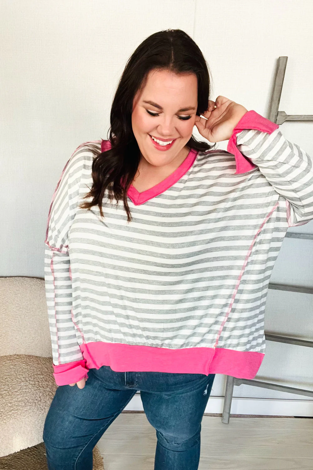 Weekend Ready Heather Grey Stripe Hi-Lo Out Seam Stitch Pullover (Open Pack)