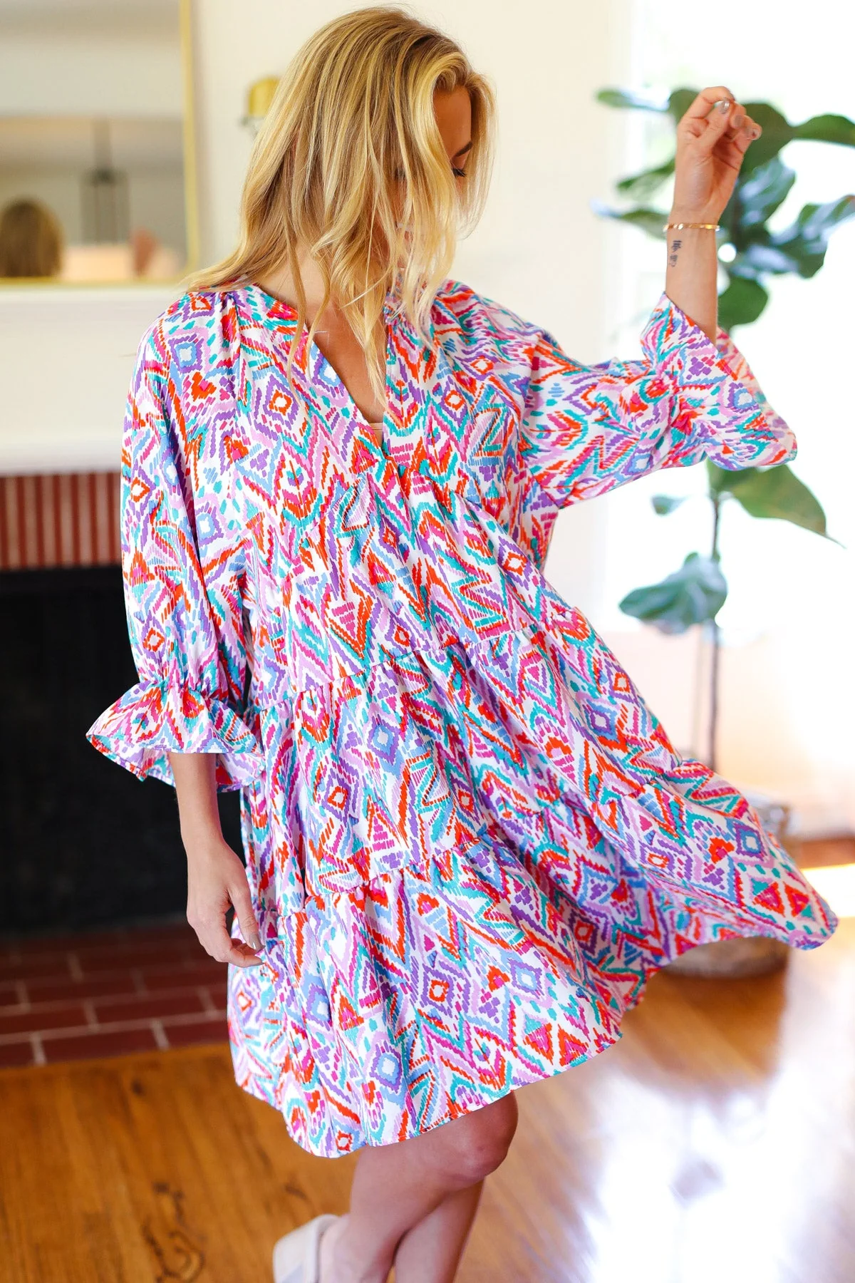 Love Found Blue & Lavender Ikat Print V Neck Dress (Open Pack)
